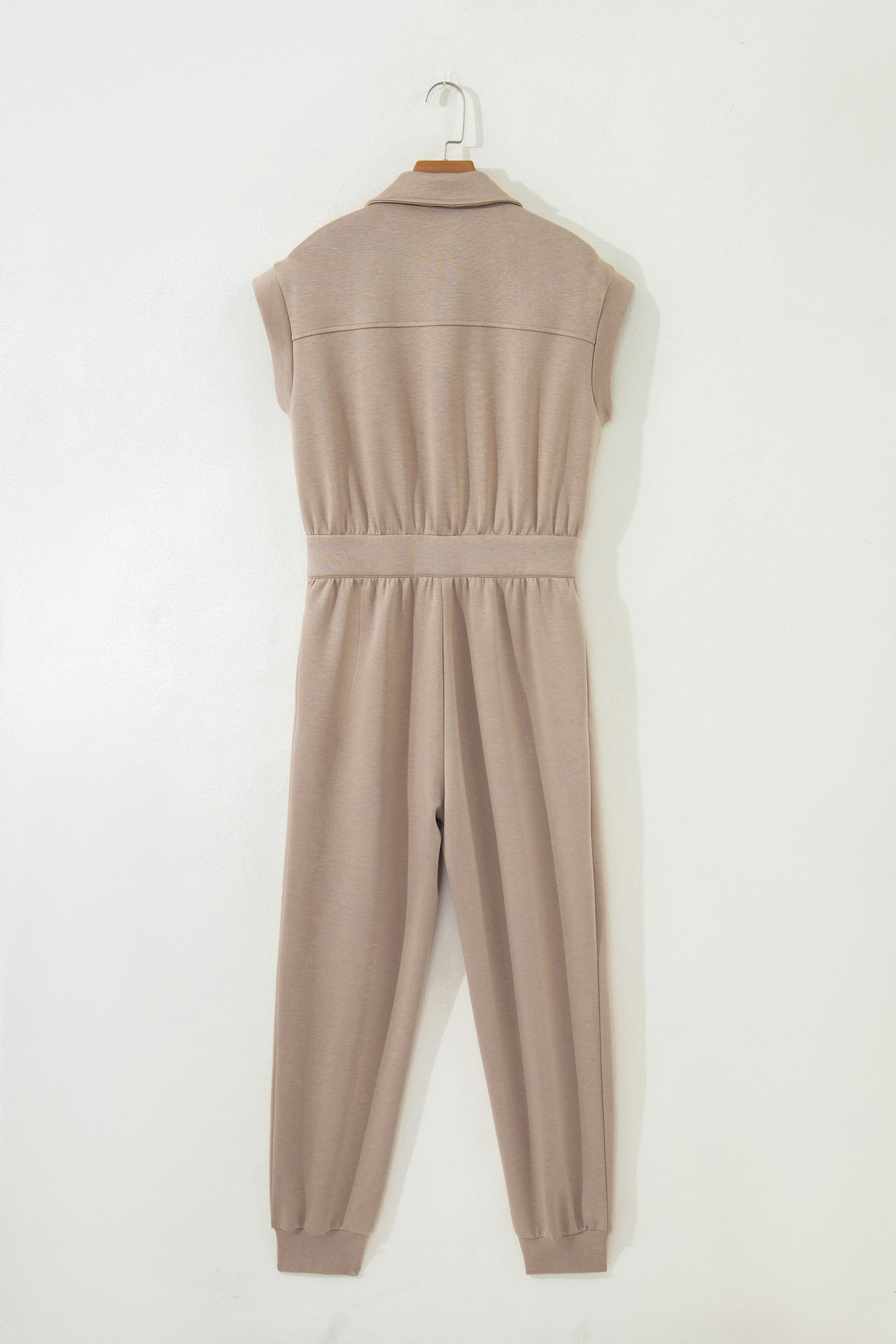 Dark Khaki Solid Color Zip Front Short Sleeve Collared Jumpsuit-Bottoms/Jumpsuits & Rompers-[Adult]-[Female]-2022 Online Blue Zone Planet