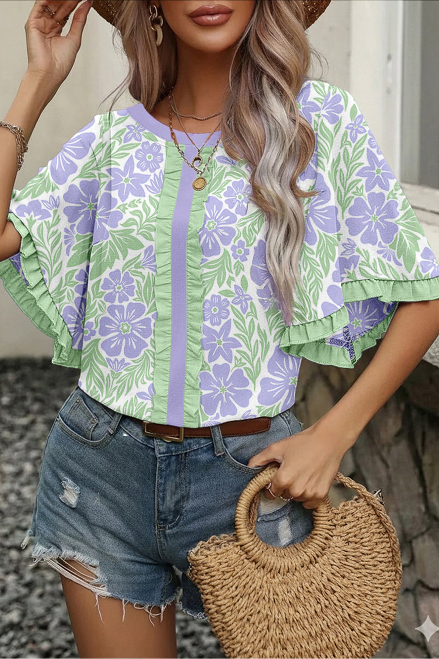 Sky Blue Floral Print Ruffled Color Block Trim Half Sleeve Blouse-Tops/Blouses & Shirts-[Adult]-[Female]-Purple-S-2022 Online Blue Zone Planet
