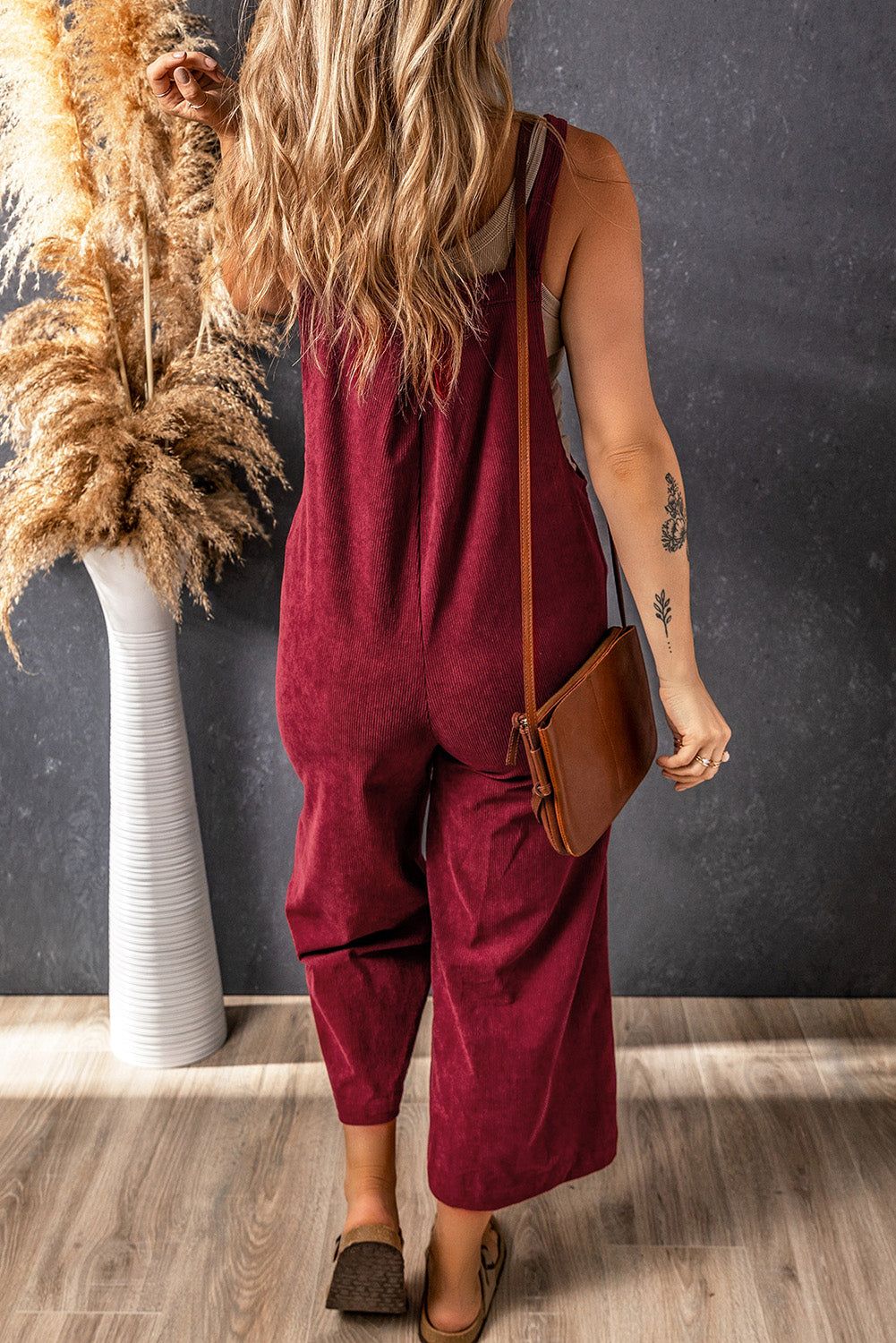 Fiery Red Solid Color Corduroy Wide Leg Bib Overalls-Bottoms/Jumpsuits & Rompers-[Adult]-[Female]-2022 Online Blue Zone Planet