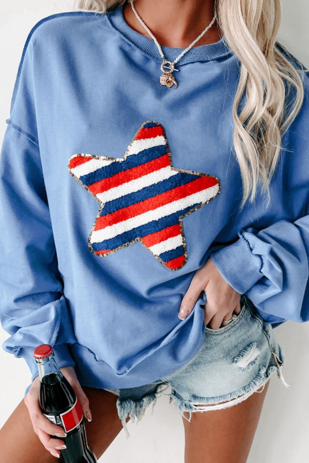 Star Patch Round Neck Long Sleeve Sweatshirt-TOPS / DRESSES-[Adult]-[Female]-Blue-S-2022 Online Blue Zone Planet