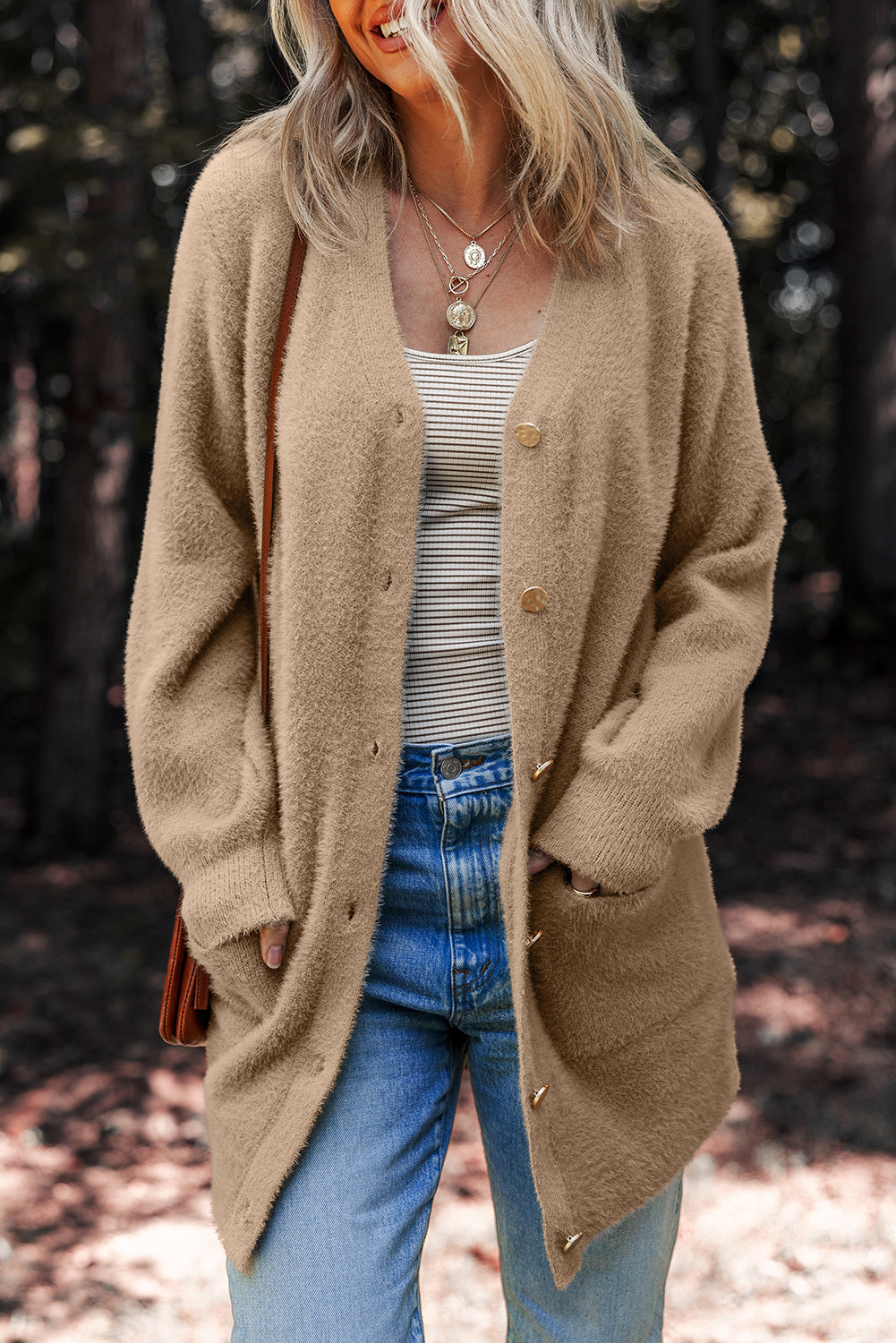 Smoke Gray Fuzzy Buttoned Front Midi Solid Cardigan-Sweaters & Cardigans/Cardigans-[Adult]-[Female]-2022 Online Blue Zone Planet