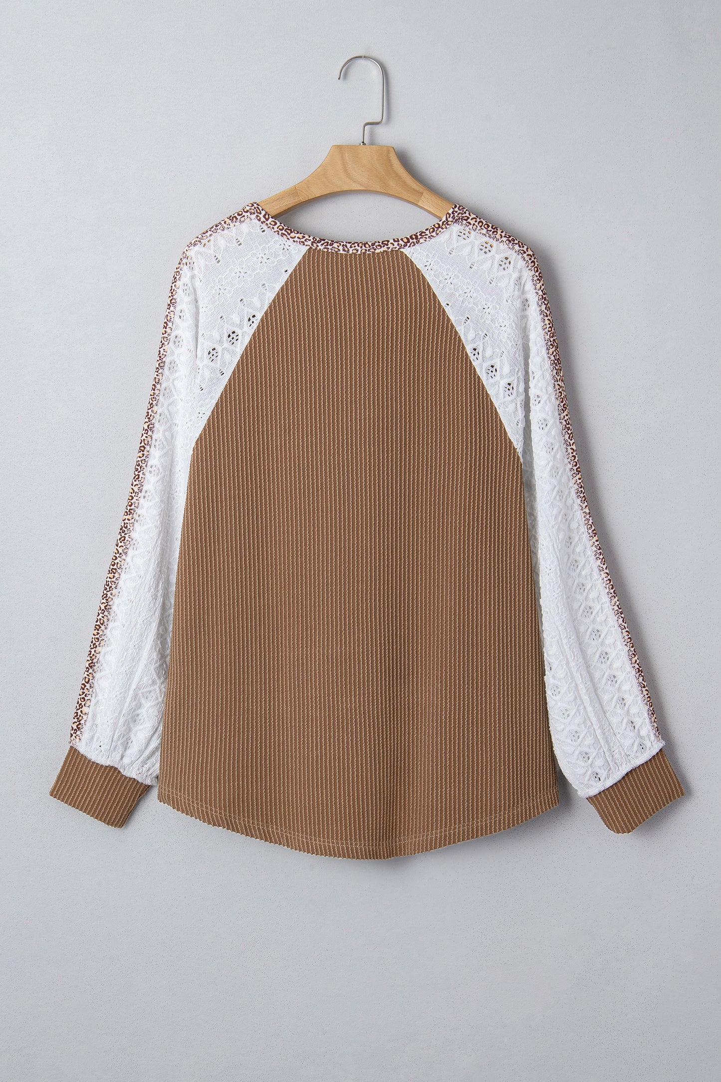 Dark Khaki Twisted Ribbed Leopard Lace Contrast Patchwork Long Sleeve Top-Tops/Long Sleeve Tops-[Adult]-[Female]-2022 Online Blue Zone Planet