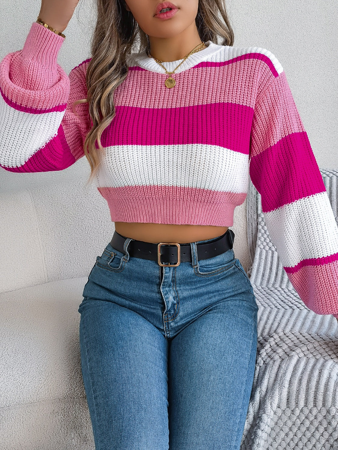 Color Block Round Neck Cropped Sweater-TOPS / DRESSES-[Adult]-[Female]-2022 Online Blue Zone Planet