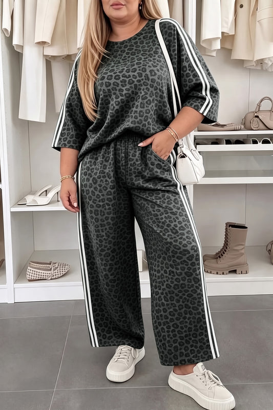 Gray Leopard Print Bracelet Sleeve Top Plus Size Loose Pants Set-Bracelet-[Adult]-[Female]-Gray-1X-2022 Online Blue Zone Planet