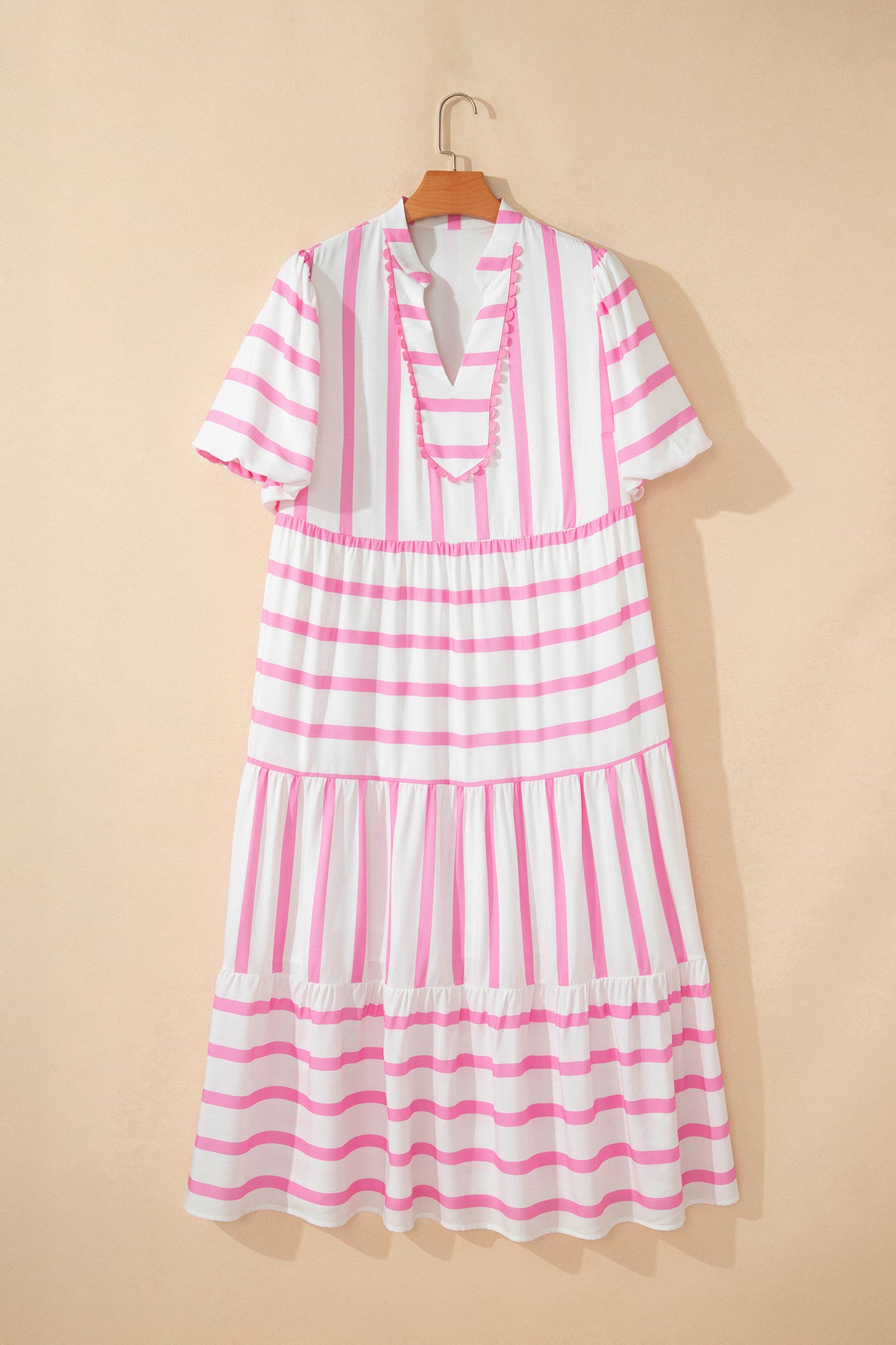 Pink Stripe Plus Size V Neck Short Puff Sleeve Tiered Maxi Dress-TOPS / DRESSES-[Adult]-[Female]-2022 Online Blue Zone Planet