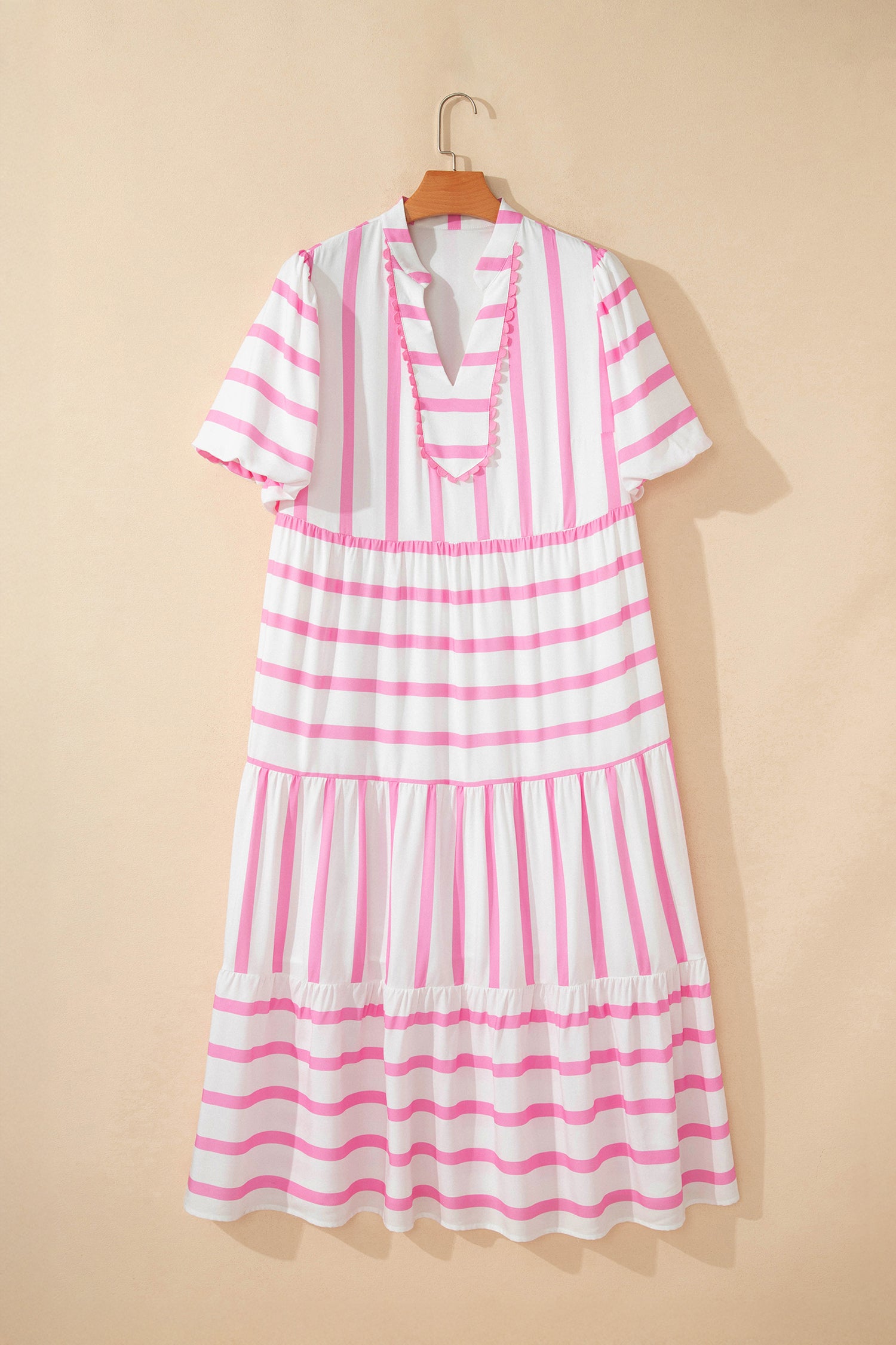 Pink Stripe Plus Size V Neck Short Puff Sleeve Tiered Maxi Dress-TOPS / DRESSES-[Adult]-[Female]-2022 Online Blue Zone Planet