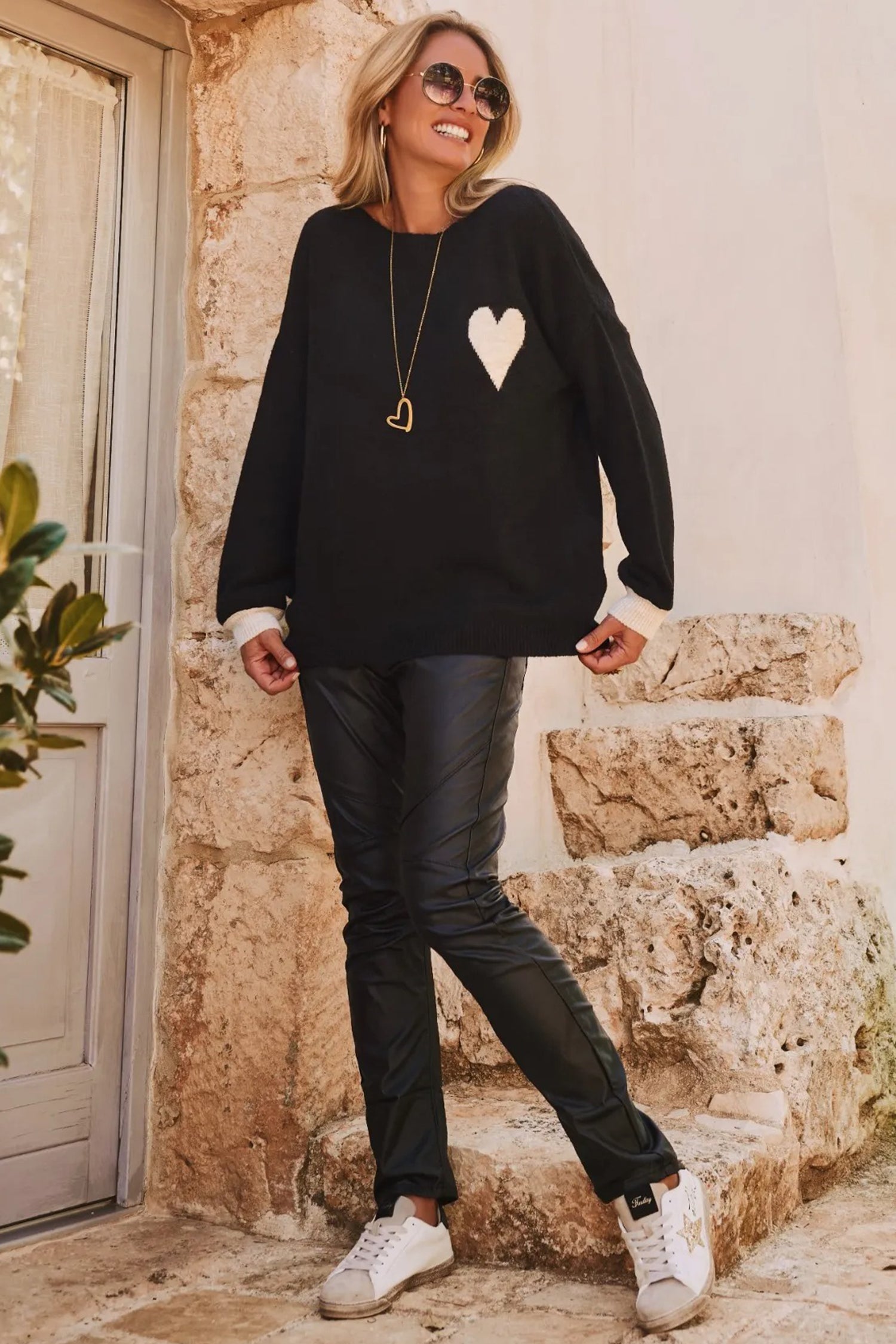 Black Heart Detail Contrast Cuffs Baggy Sweater-TOPS / DRESSES-[Adult]-[Female]-2022 Online Blue Zone Planet
