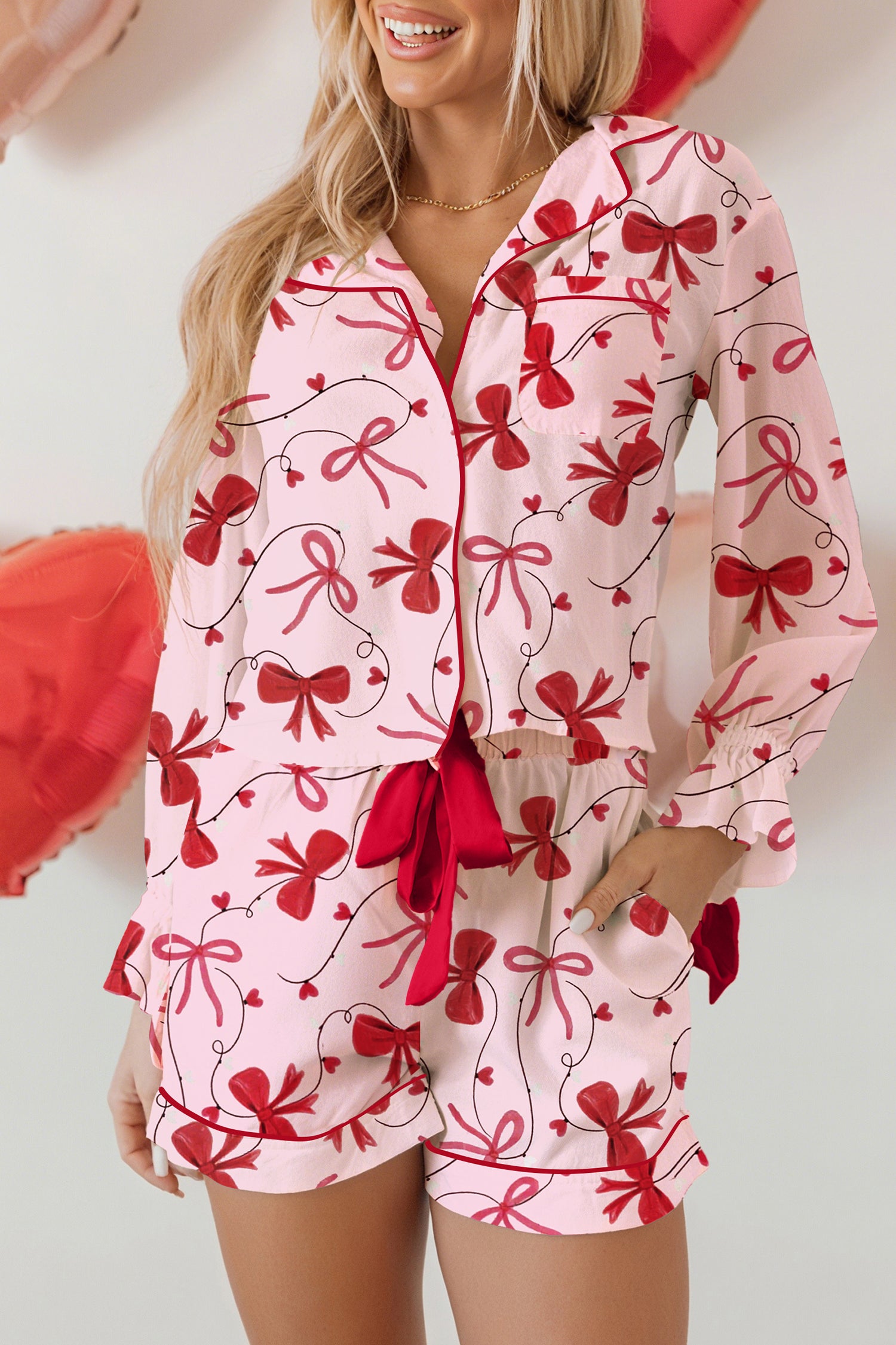 Red Bow Print Valentine Long Sleeve Shirt Shorts 2 Pcs Pajama Set-Loungewear & Sleepwear/Sleepwear-[Adult]-[Female]-2022 Online Blue Zone Planet
