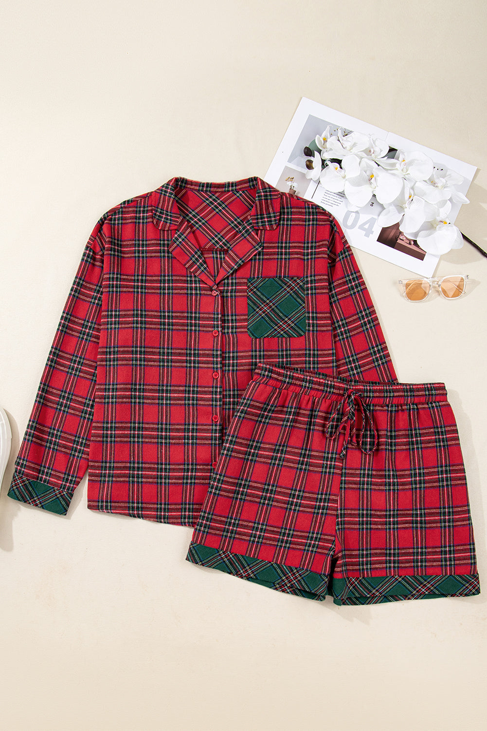 Red Plus Size Plaid Patchwork Long Sleeve Shirt and Shorts Pajama Set-Plus Size Matching Sets-[Adult]-[Female]-2022 Online Blue Zone Planet
