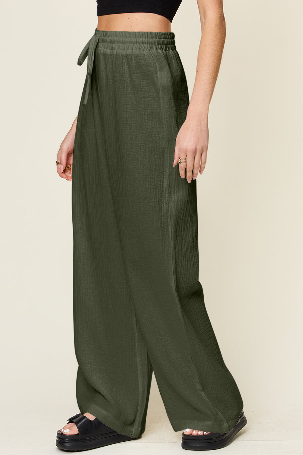 Double Take Full Size Texture Drawstring Wide Leg Pants-BOTTOMS SIZES SMALL MEDIUM LARGE-[Adult]-[Female]-2022 Online Blue Zone Planet