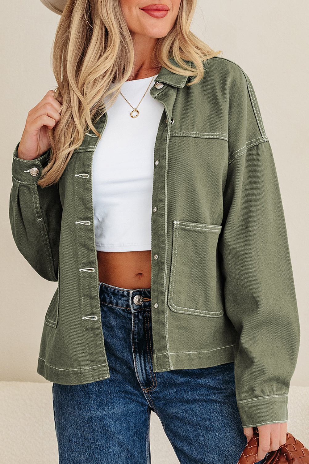 Smoke Green Patched Pocket Collared Button Front Boyfriend Denim Jacket-Outerwear/Denim jackets-[Adult]-[Female]-2022 Online Blue Zone Planet