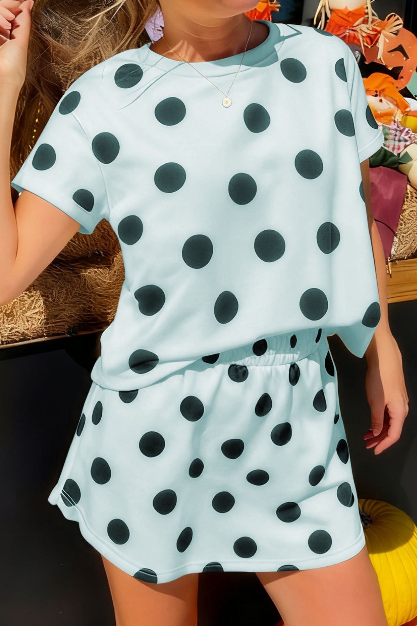 White Polka Dot Short Sleeve Top Casual Skort 2pcs Outfit-Two Piece Sets/Two Piece Dresses-[Adult]-[Female]-Sky Blue-S-2022 Online Blue Zone Planet