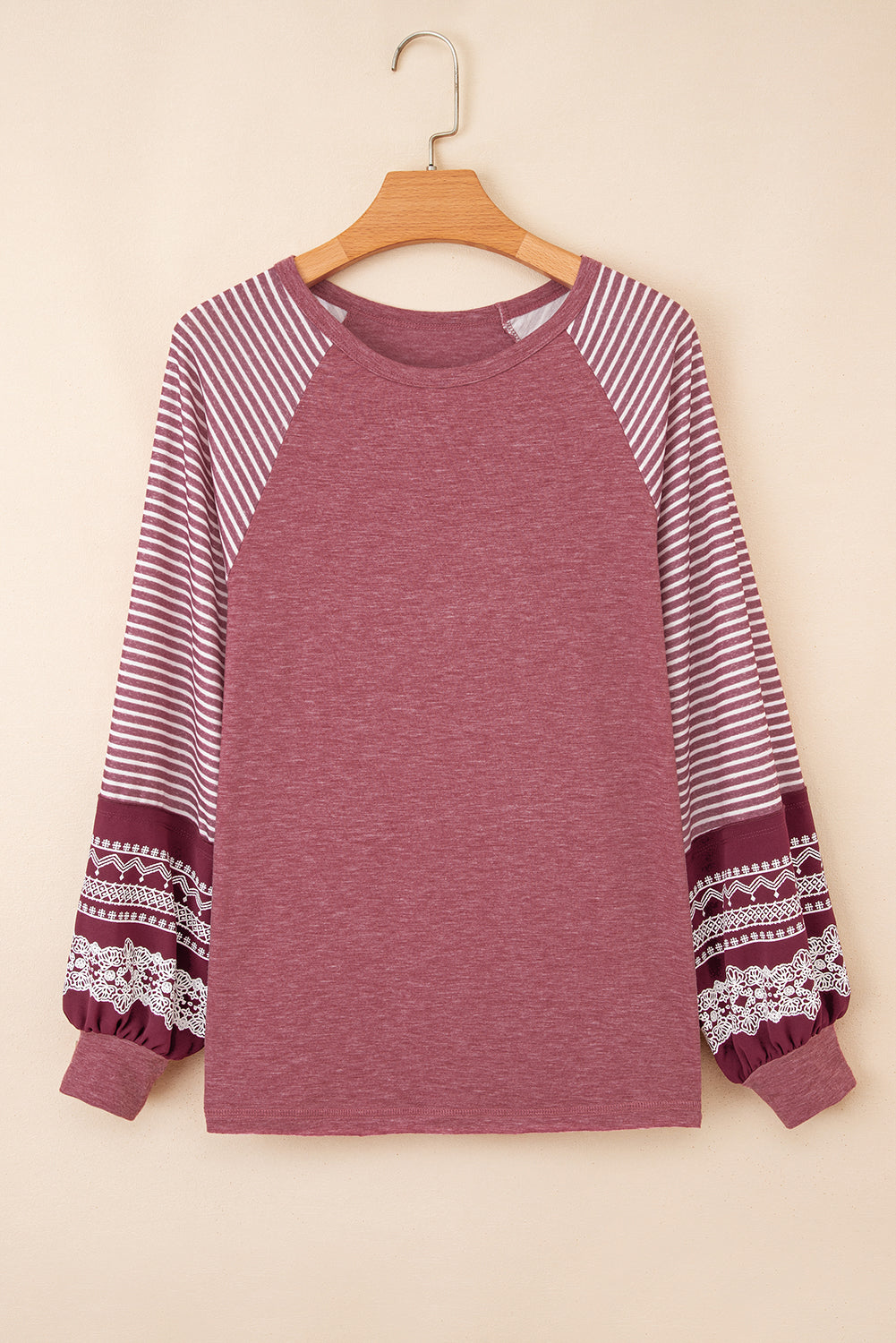 Mineral Red Contrast Print Striped Raglan Long Sleeve Loose Top-Tops/Long Sleeve Tops-[Adult]-[Female]-2022 Online Blue Zone Planet