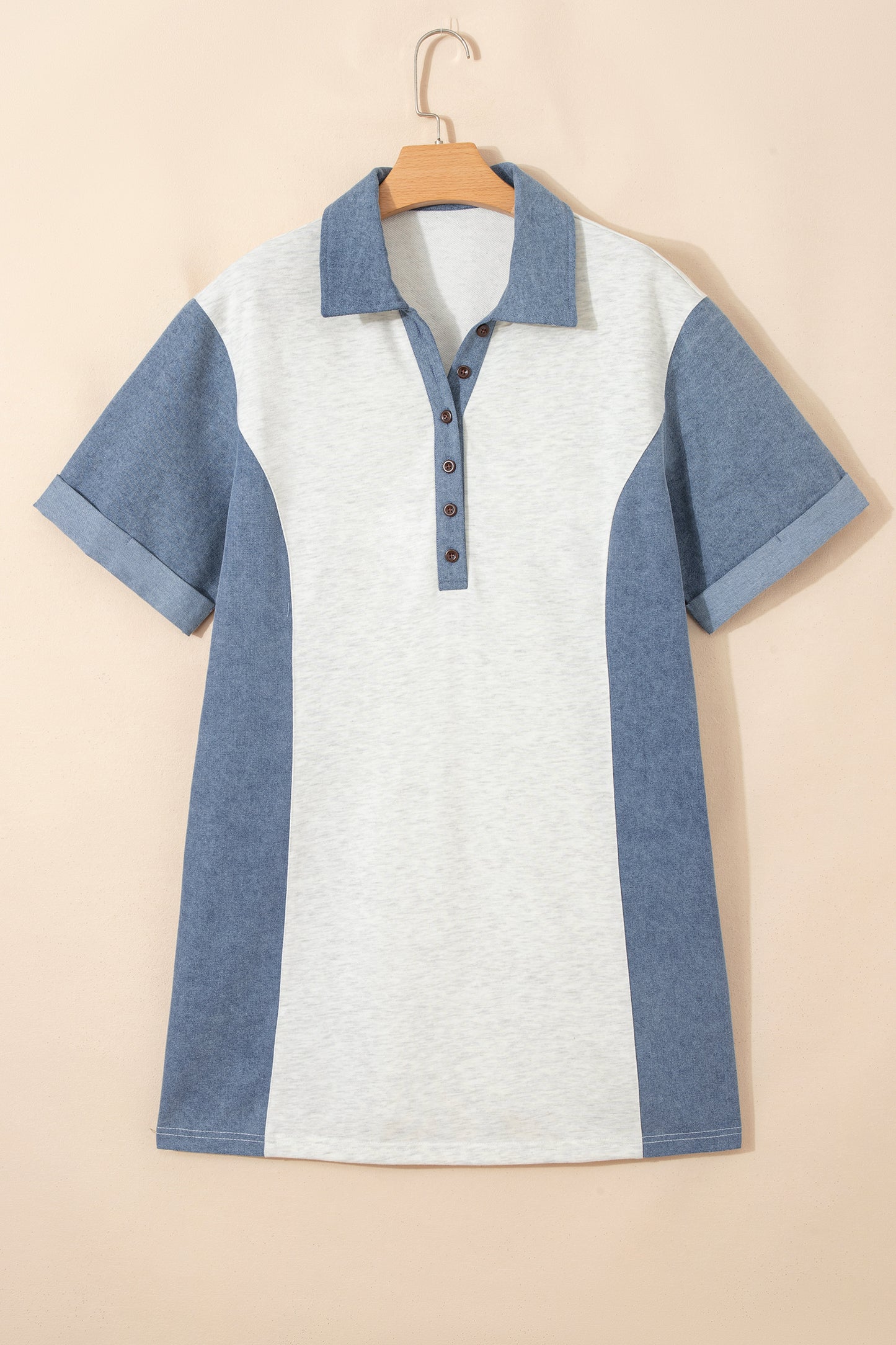 Light Grey Denim Color Block Patchwork Button Polo Collar T Shirt Tunic Dress-Dresses/T Shirt Dresses-[Adult]-[Female]-2022 Online Blue Zone Planet