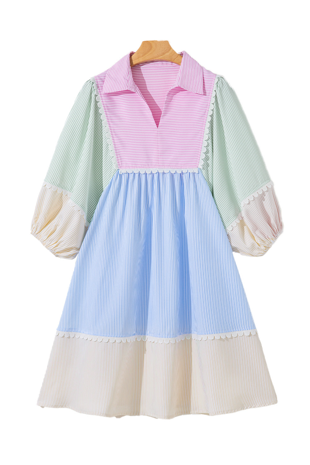 Multicolour Striped Patchwork Ric Rac Puff Sleeve Collared Mini Dress-TOPS / DRESSES-[Adult]-[Female]-2022 Online Blue Zone Planet