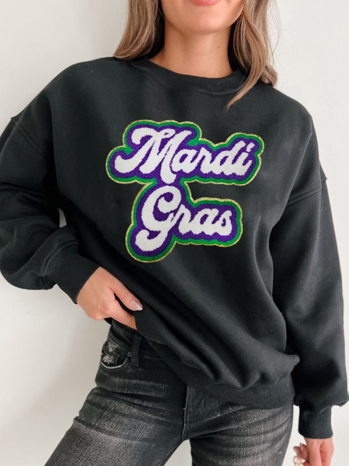 MARDI GRAS Round Neck Drop Shoulder Sweatshirt-TOPS / DRESSES-[Adult]-[Female]-Black-S-2022 Online Blue Zone Planet