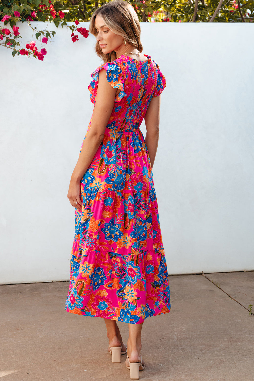 Blue Zone Planet |  Rose Red Boho Floral V Neck Ruffle Tiered Long Dress Blue Zone Planet