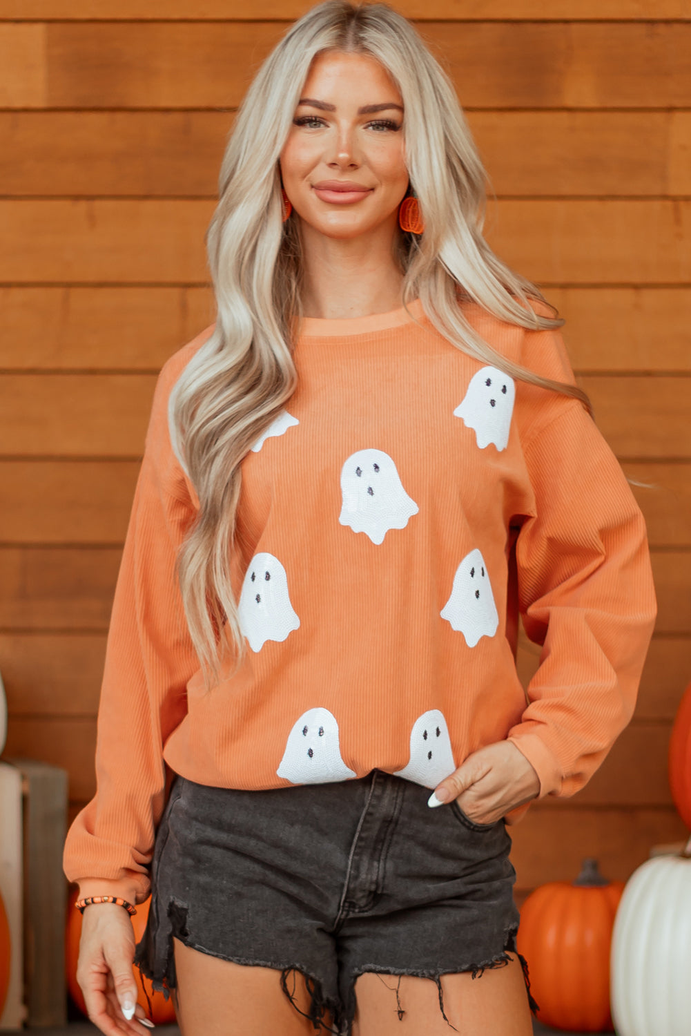 Orange Twisted Ribbed Texture Halloween Ghost Sequin Patched Sweatshirt-Graphic/Graphic Sweatshirts-[Adult]-[Female]-2022 Online Blue Zone Planet