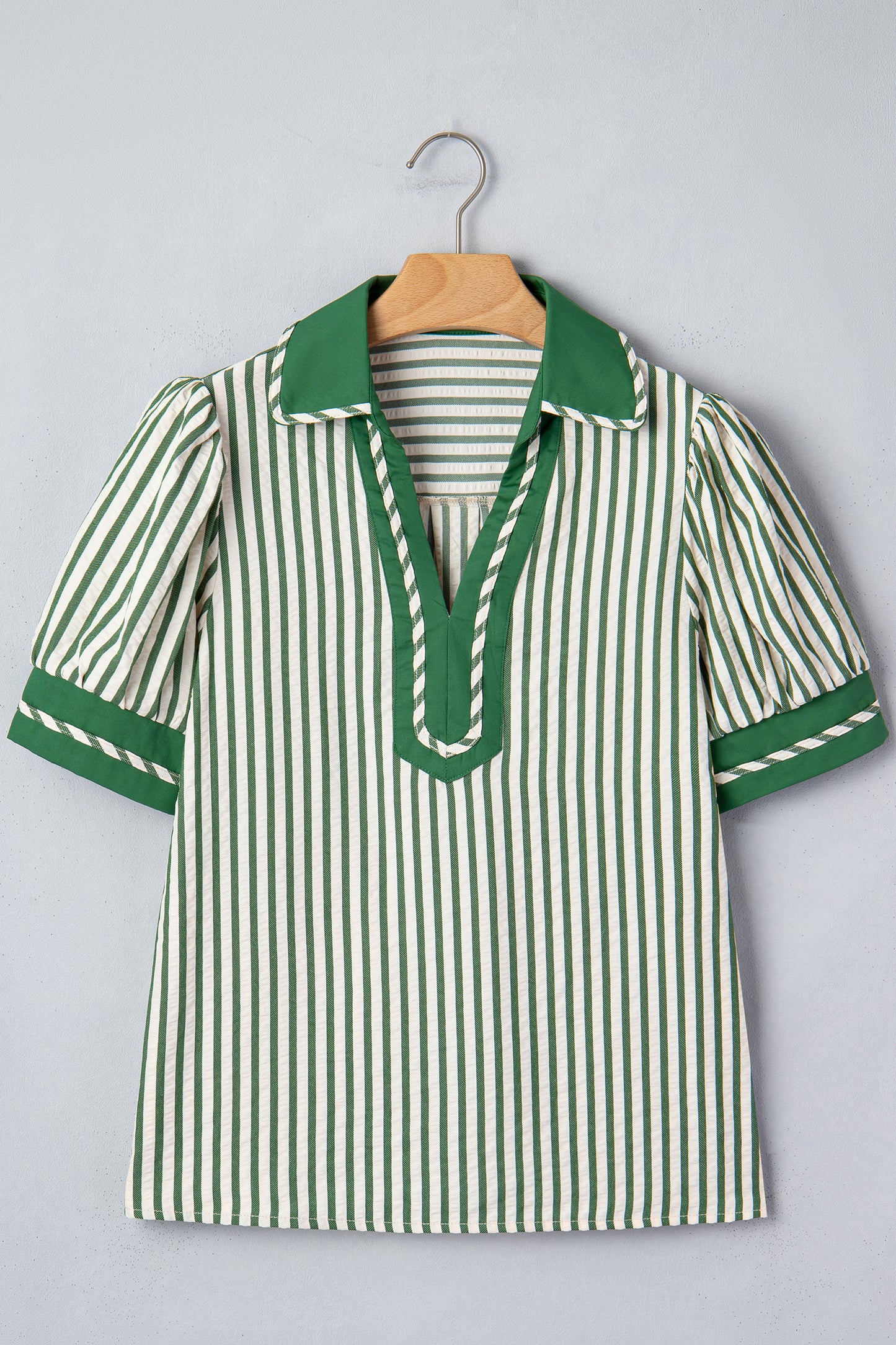 Green Stripe Collared Split Neck Short Bubble Sleeve Blouse-Tops/Blouses & Shirts-[Adult]-[Female]-2022 Online Blue Zone Planet