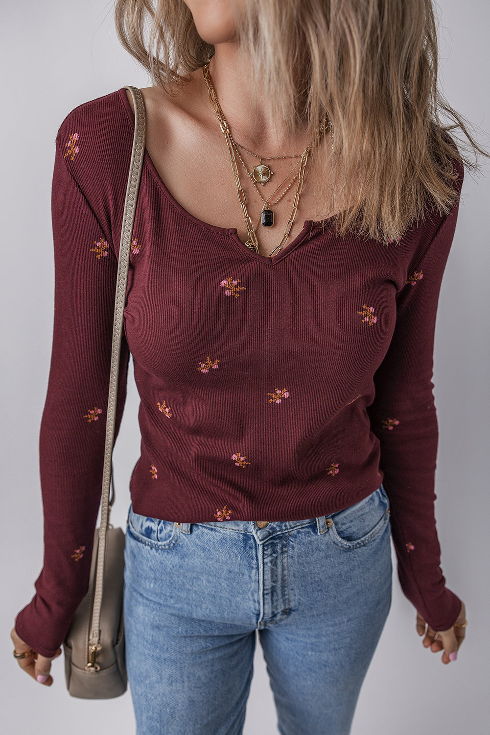 Burgundy Notched Neck Floral Print Ribbed Long Sleeve Top-Tops/Long Sleeve Tops-[Adult]-[Female]-Burgundy-S-2022 Online Blue Zone Planet