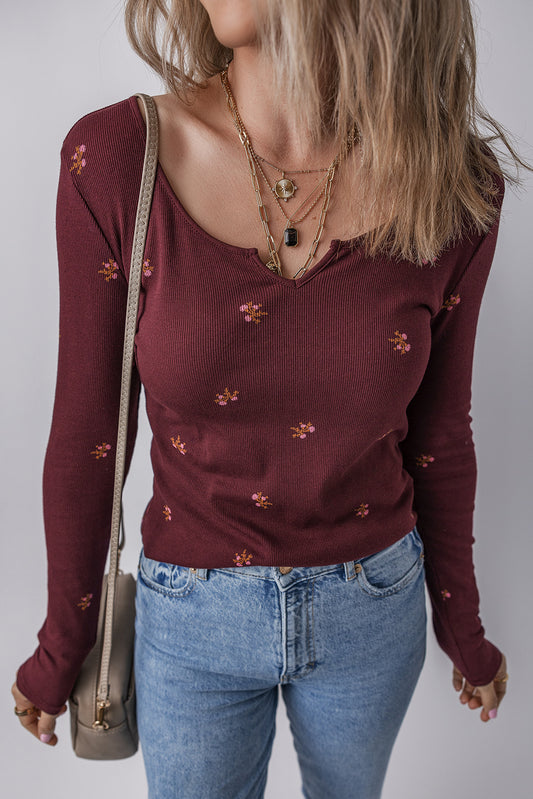 Burgundy Notched Neck Floral Print Ribbed Long Sleeve Top-Tops/Long Sleeve Tops-[Adult]-[Female]-Burgundy-S-2022 Online Blue Zone Planet