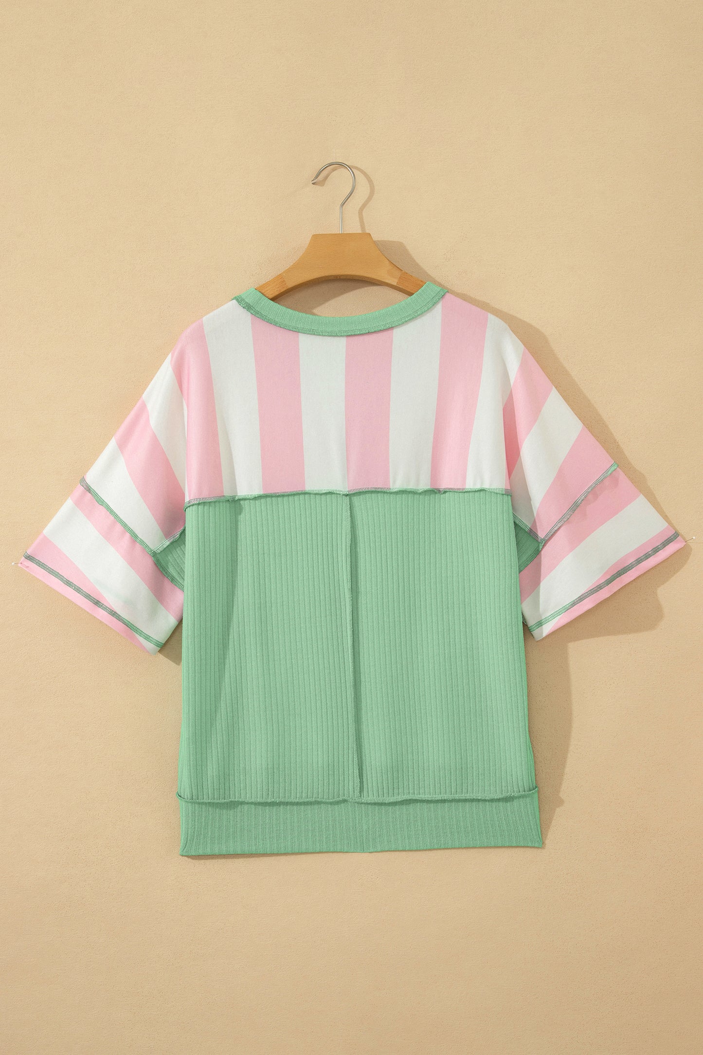 Pink Stripe Exposed Seam Ribbed Patchwork Oversized Tee-Tops/Tops & Tees-[Adult]-[Female]-2022 Online Blue Zone Planet