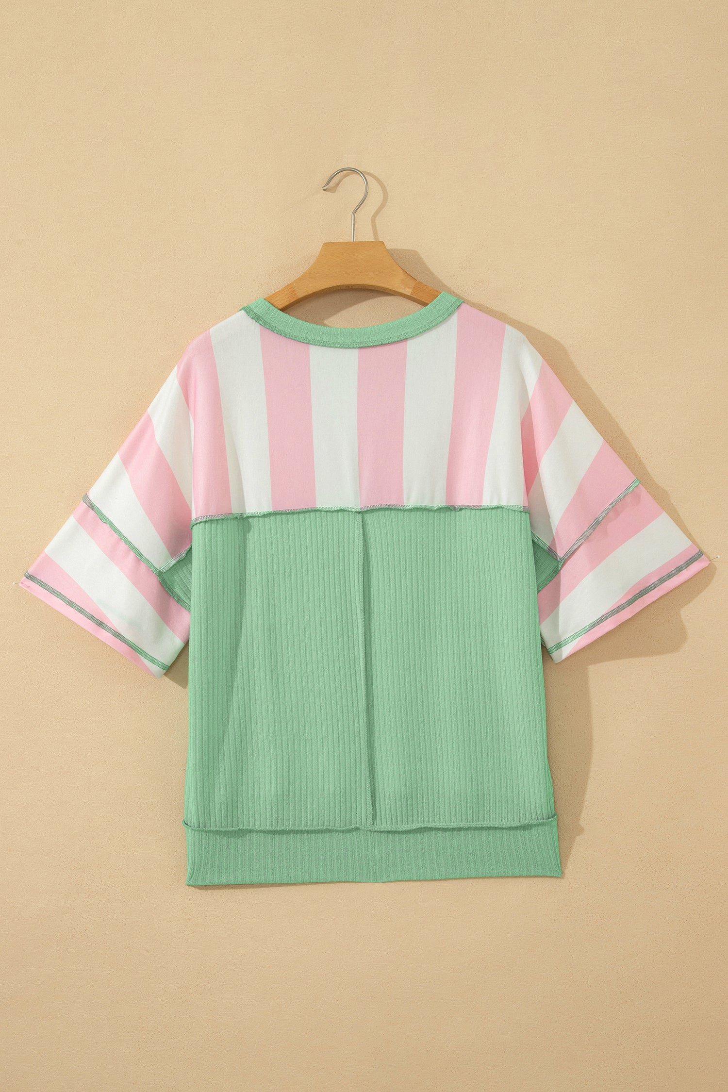 Pink Stripe Exposed Seam Ribbed Patchwork Oversized Tee-Tops/Tops & Tees-[Adult]-[Female]-2022 Online Blue Zone Planet