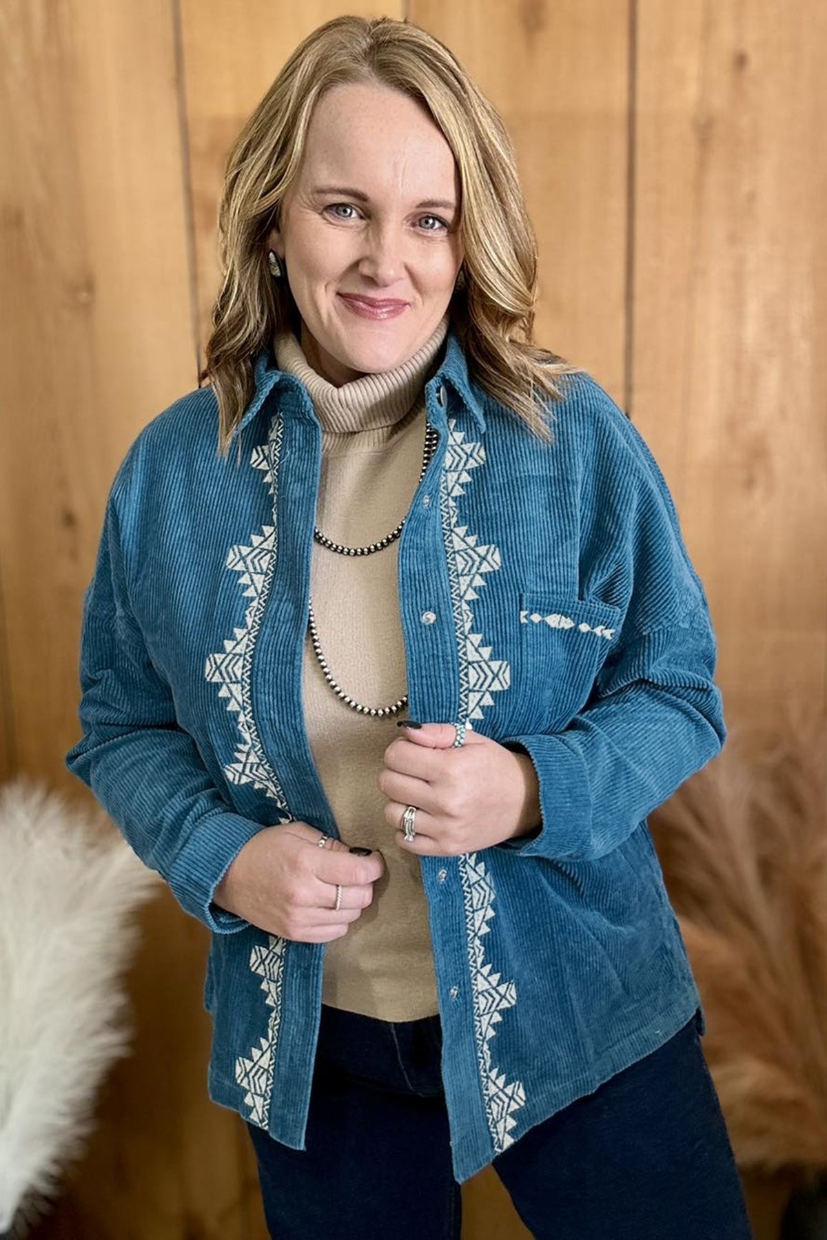 Blue Embroidered Corduroy V-Neck Long Sleeve Plus Size Shirt
