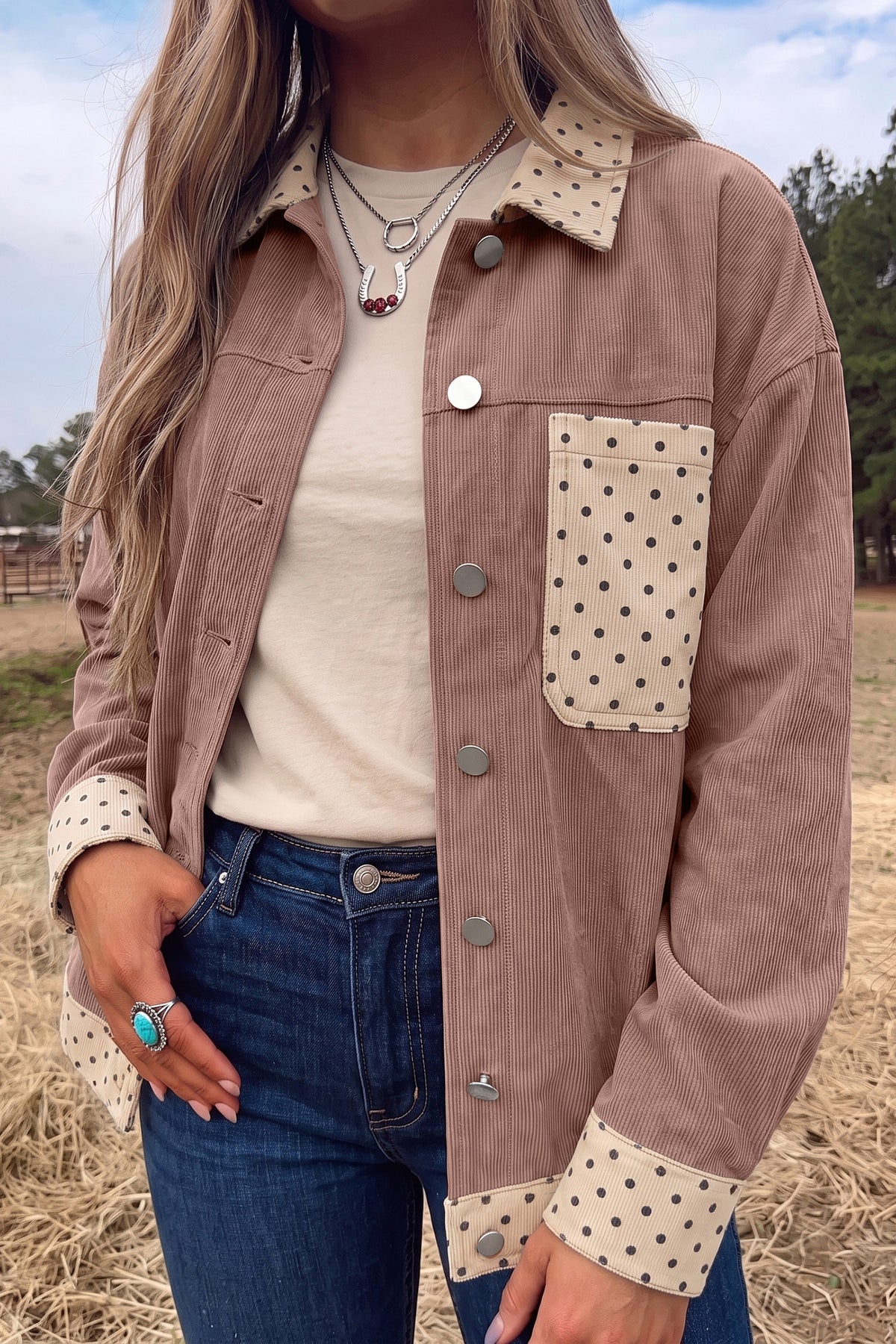 Goat Contrast Polka Dot Patchwork Corduroy Button Shacket-Outerwear/Jackets-[Adult]-[Female]-Goat-S-2022 Online Blue Zone Planet