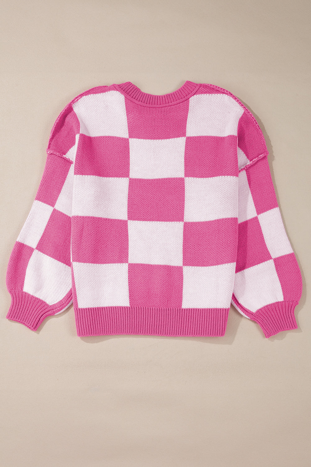 Blue Zone Planet | Pink Checked Bishop Sleeve Pullover Sweater-Sweaters-[Adult]-[Female]-2022 Online Blue Zone Planet