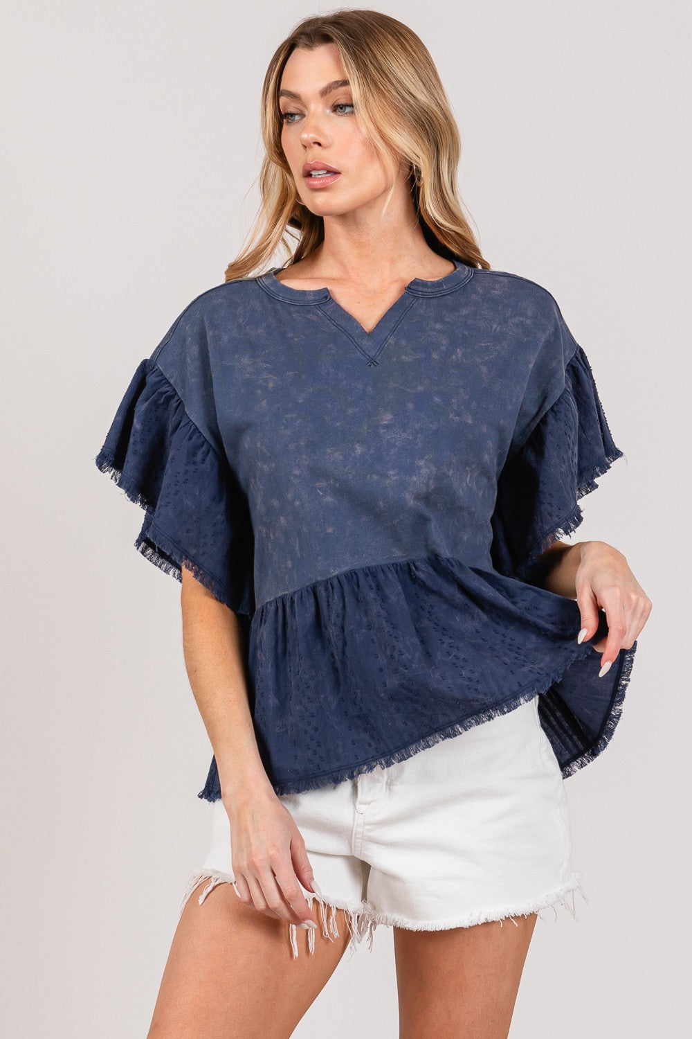 SAGE + FIG Ruffle Sleeve Washed Short Sleeve Blouse-TOPS / DRESSES-[Adult]-[Female]-2022 Online Blue Zone Planet