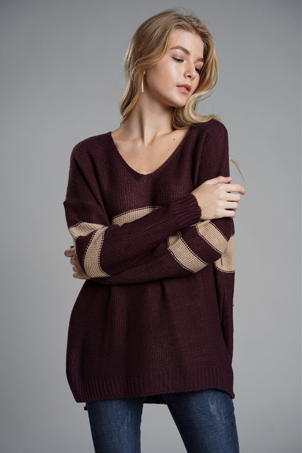 Slit Contrast V-Neck Long Sleeve Sweater-TOPS / DRESSES-[Adult]-[Female]-2022 Online Blue Zone Planet