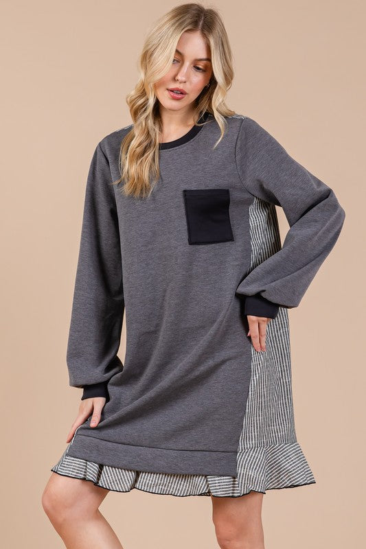 Ces Femme Striped Patchwork Round Neck Terry Sweatshirt Dress-TOPS / DRESSES-[Adult]-[Female]-2022 Online Blue Zone Planet
