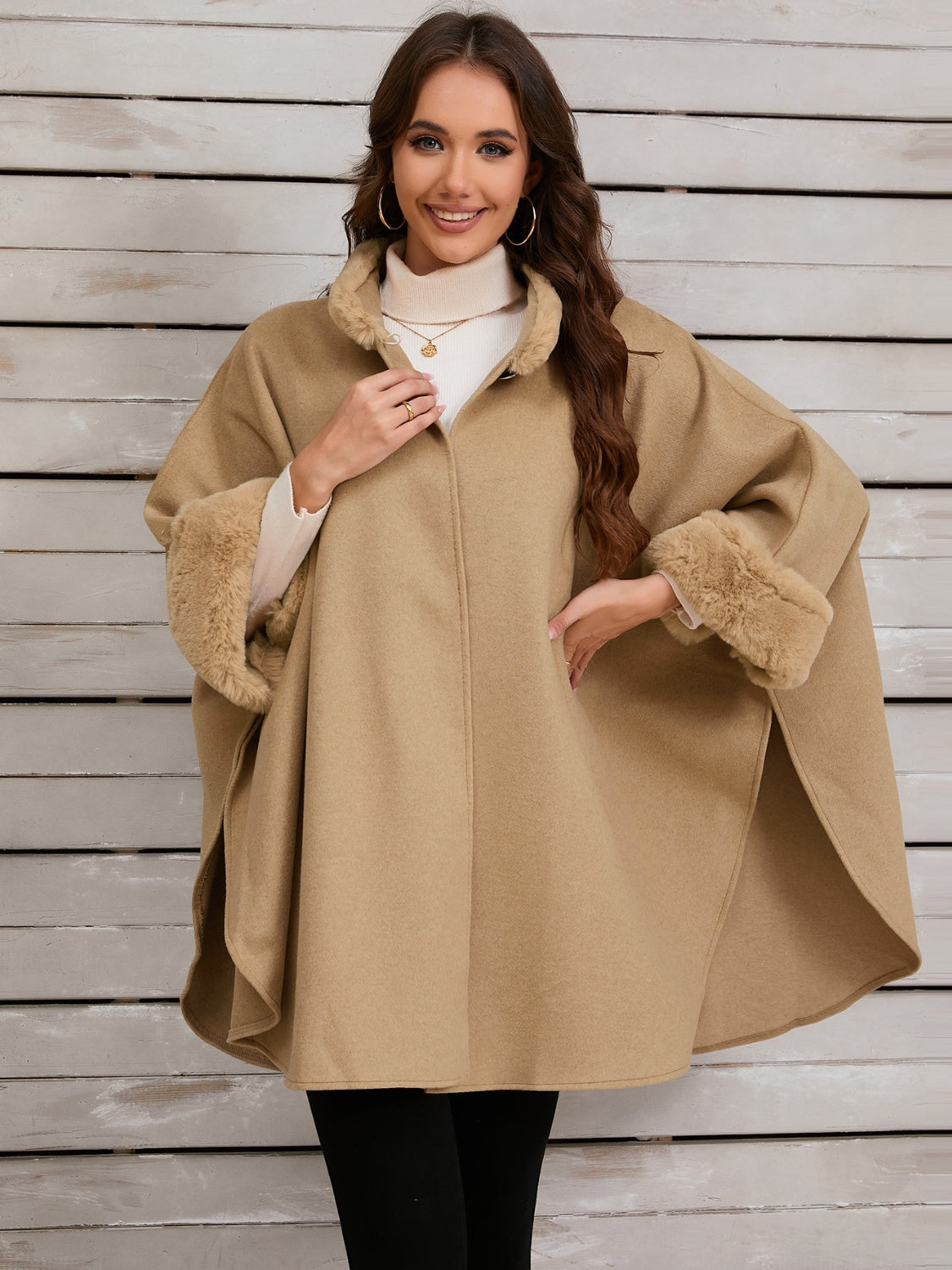 Fuzzy Trim Long Sleeve Poncho-TOPS / DRESSES-[Adult]-[Female]-Tan-One Size-2022 Online Blue Zone Planet