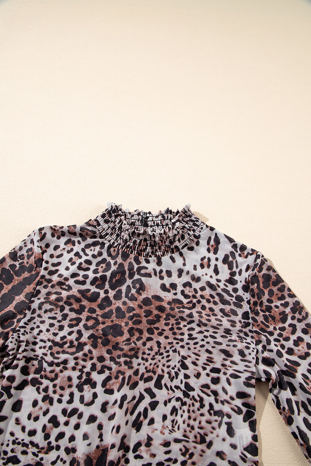 Brown Leopard Smocked Neck Mesh Long Sleeve Bodysuit-Tops/Bodysuits-[Adult]-[Female]-2022 Online Blue Zone Planet