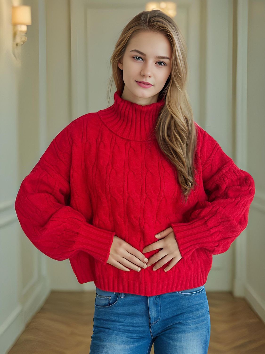 Cable-Knit Turtleneck Long Sleeve Sweater-TOPS / DRESSES-[Adult]-[Female]-Scarlet-One Size-2022 Online Blue Zone Planet