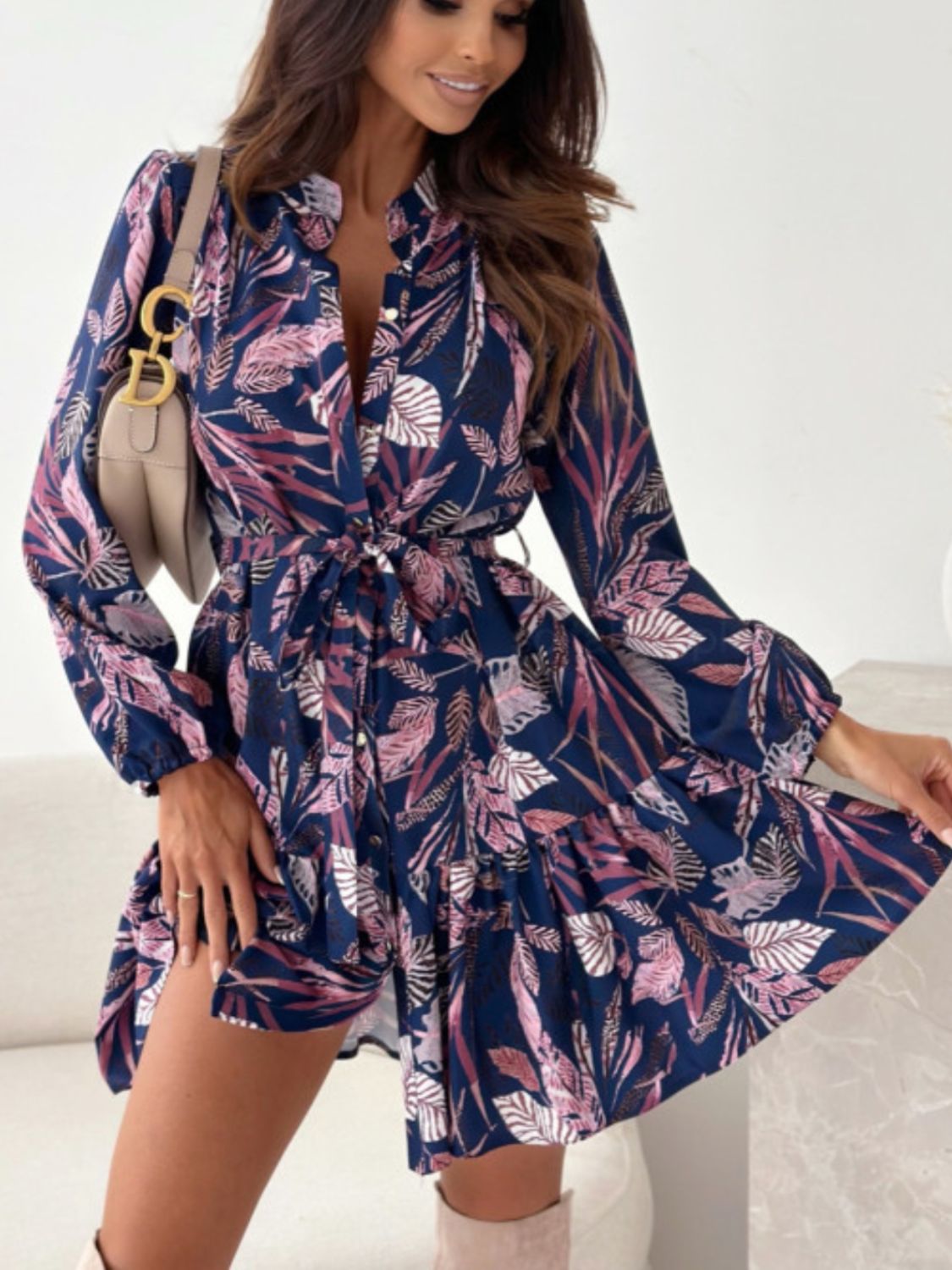 Blue Zone Planet | Ruffle Hem Floral Long Sleeve Dress-TOPS / DRESSES-[Adult]-[Female]-Navy-S-2022 Online Blue Zone Planet