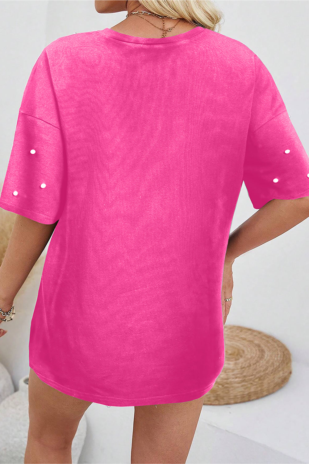 Bright Pink Pearl Beaded Drop Shoulder Crewneck T Shirt-Tops/Tops & Tees-[Adult]-[Female]-2022 Online Blue Zone Planet