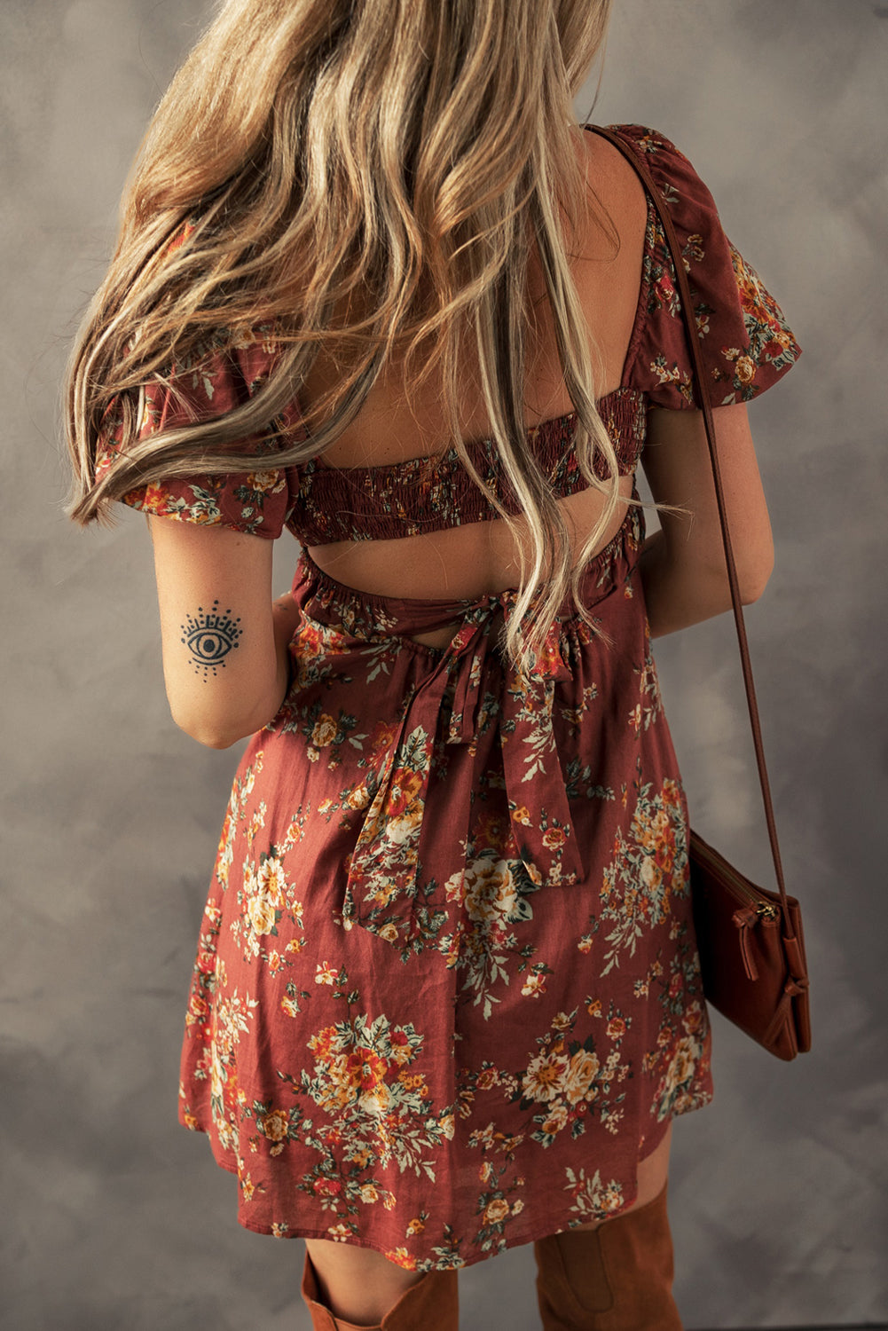 Red Floral Puff Sleeve Square Neck Knot Open Back Mini Dress-TOPS / DRESSES-[Adult]-[Female]-2022 Online Blue Zone Planet