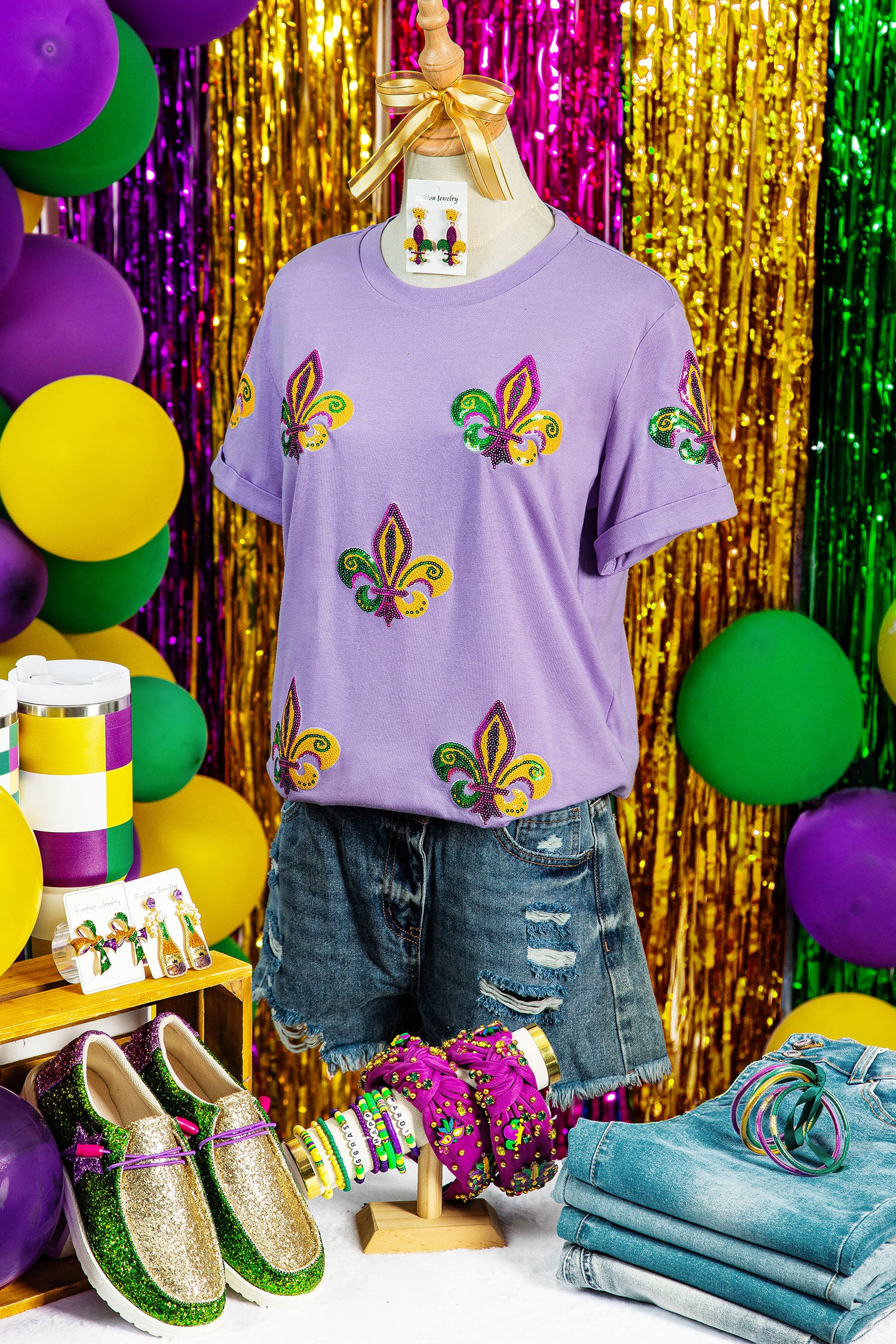 Wisteria Mardi Gras Sequined Pattern Holiday T Shirt-Graphic/Graphic Tees-[Adult]-[Female]-2022 Online Blue Zone Planet