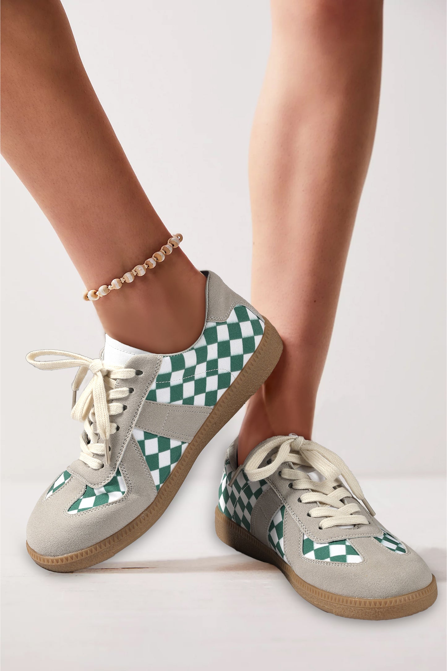 Blue Zone Planet | Sea Green Checkered PU Leather Lace-up Sneakers-SHOES-[Adult]-[Female]-2022 Online Blue Zone Planet