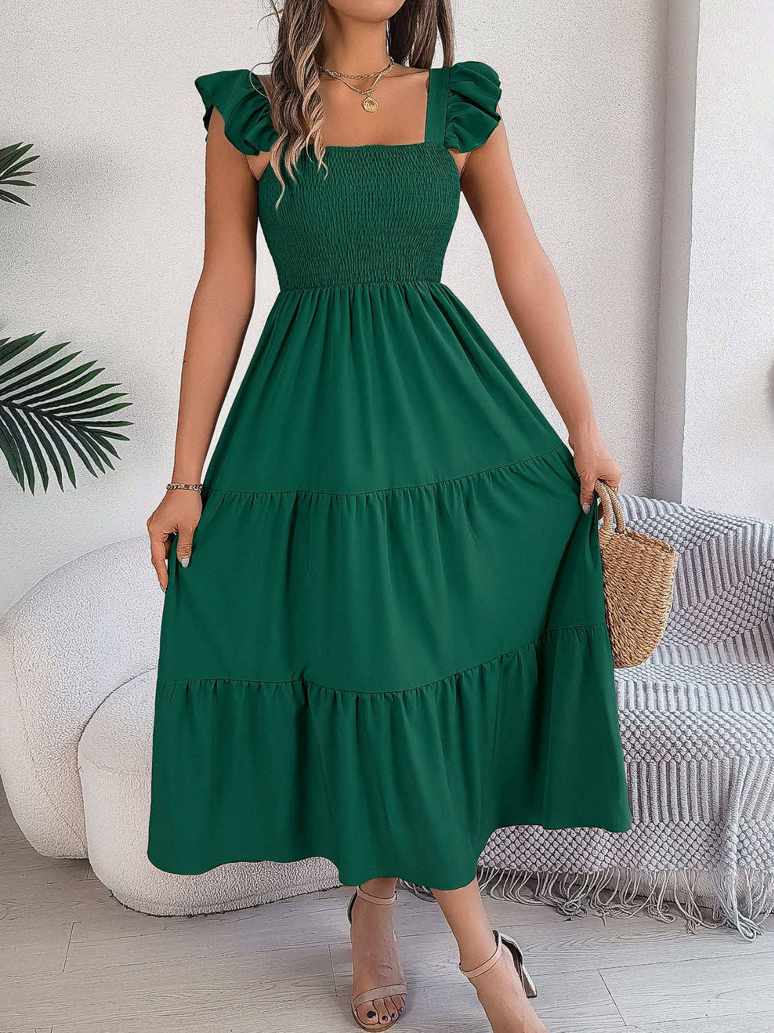 square neck cap sleeve dress Blue Planet | Smocked Square Neck Cap Sleeve Midi Dress