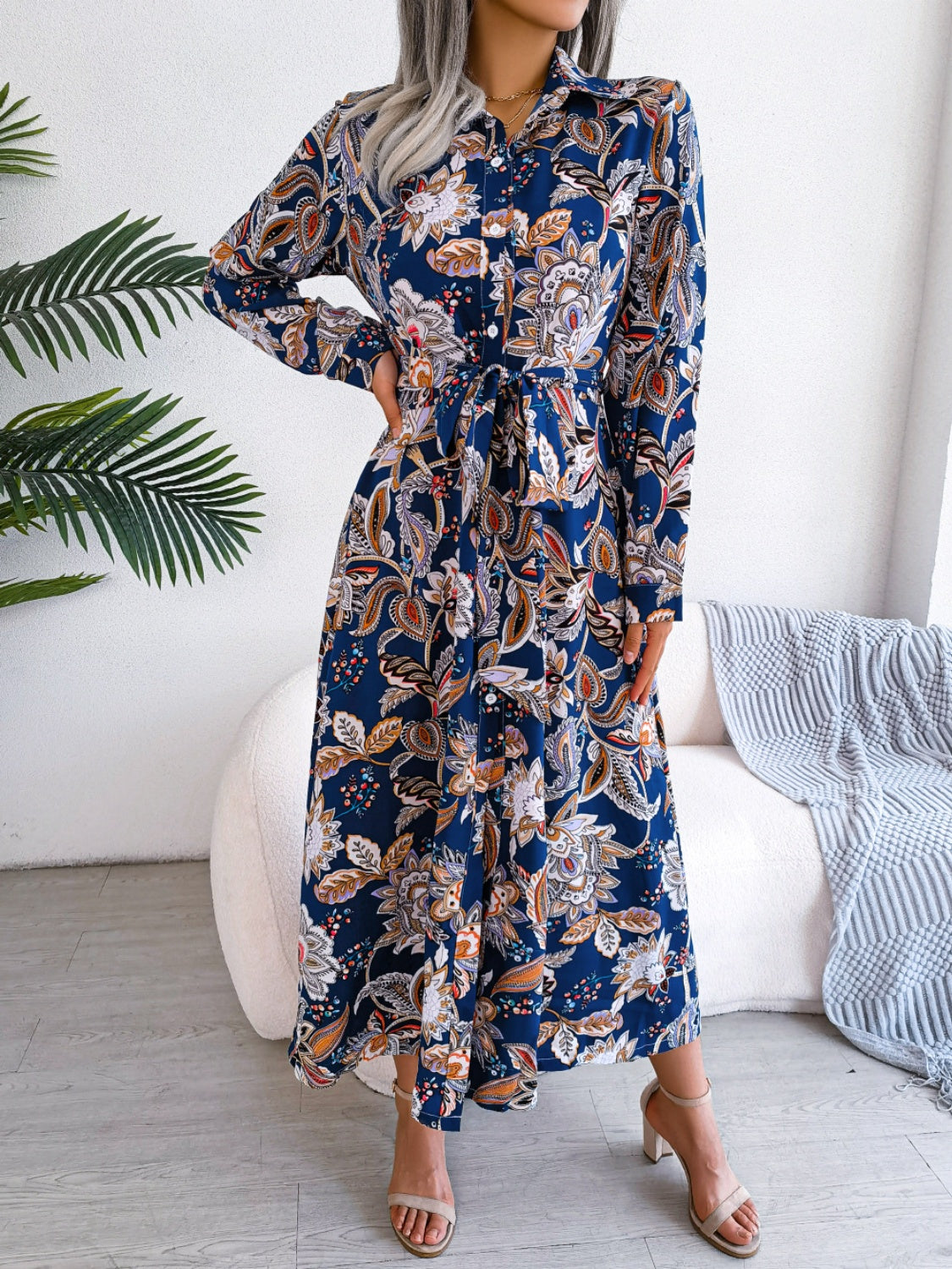 Blue Zone Planet | Tied Printed Long Sleeve Midi Dress-TOPS / DRESSES-[Adult]-[Female]-2022 Online Blue Zone Planet