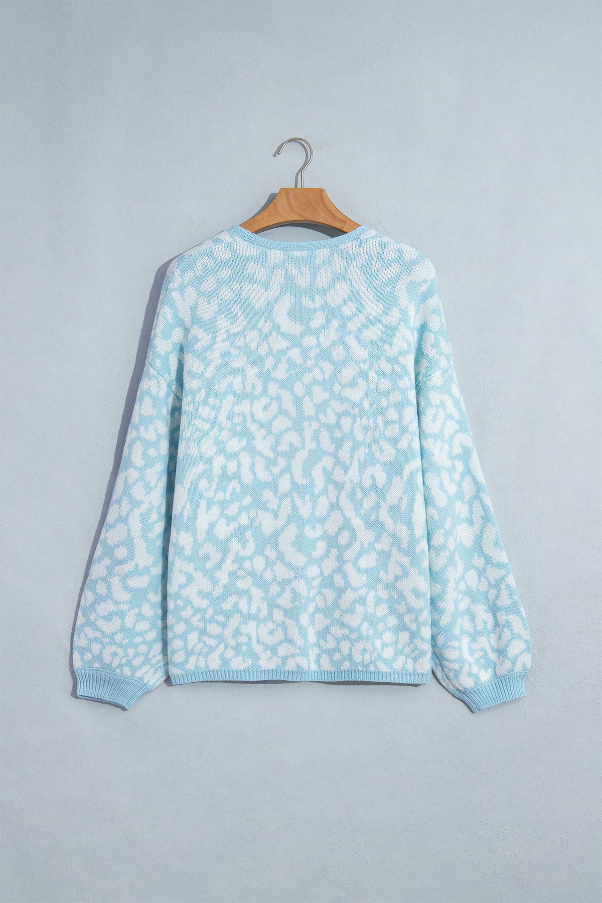 Light Blue Leopard Print V Neck Long Sleeve Loose Fit Knit Cardigan-Sweaters & Cardigans/Cardigans-[Adult]-[Female]-2022 Online Blue Zone Planet