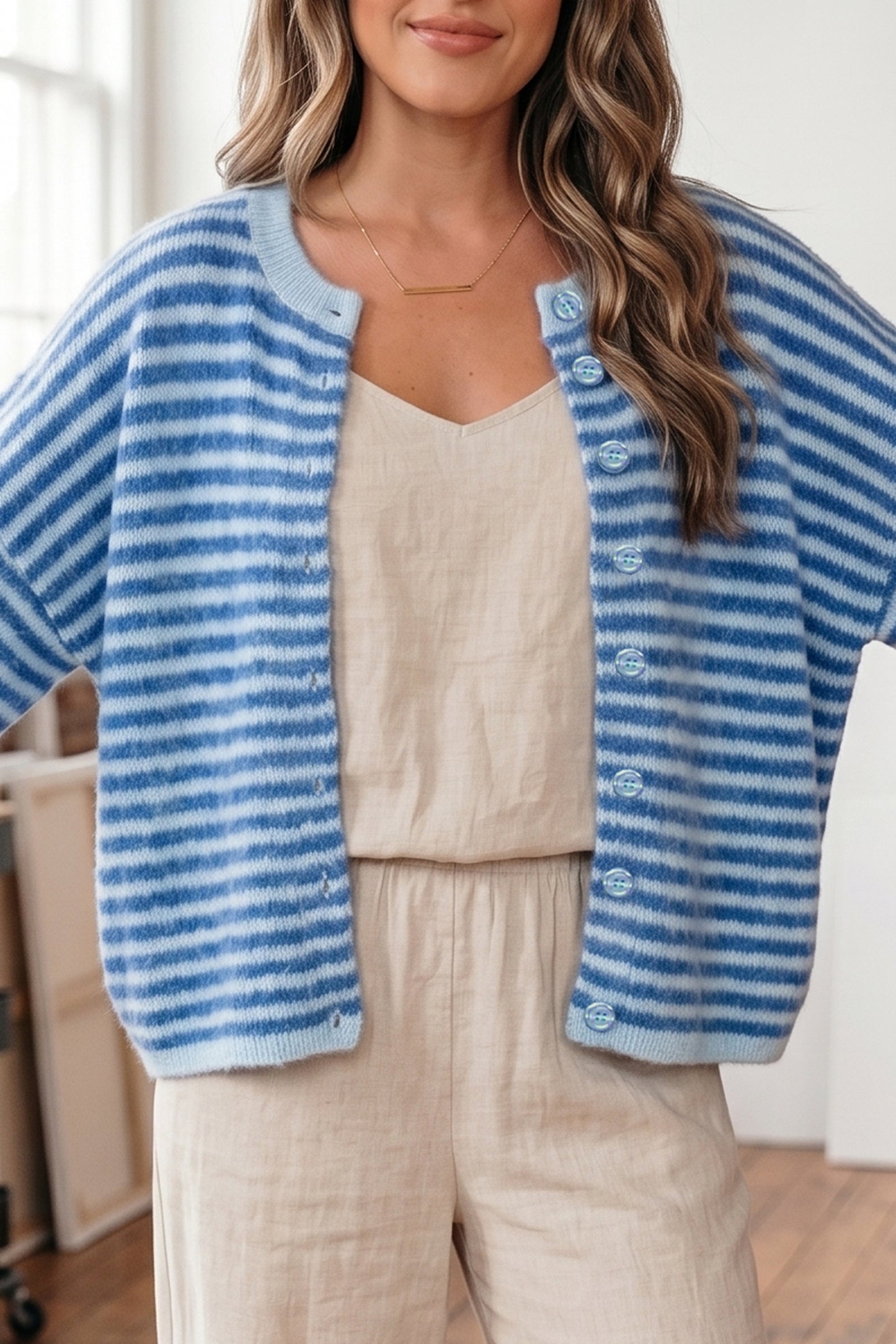Blue Stripe Loose Half Sleeve Knit Button Down Sweater Cardigan-Sweaters & Cardigans/Cardigans-[Adult]-[Female]-2022 Online Blue Zone Planet