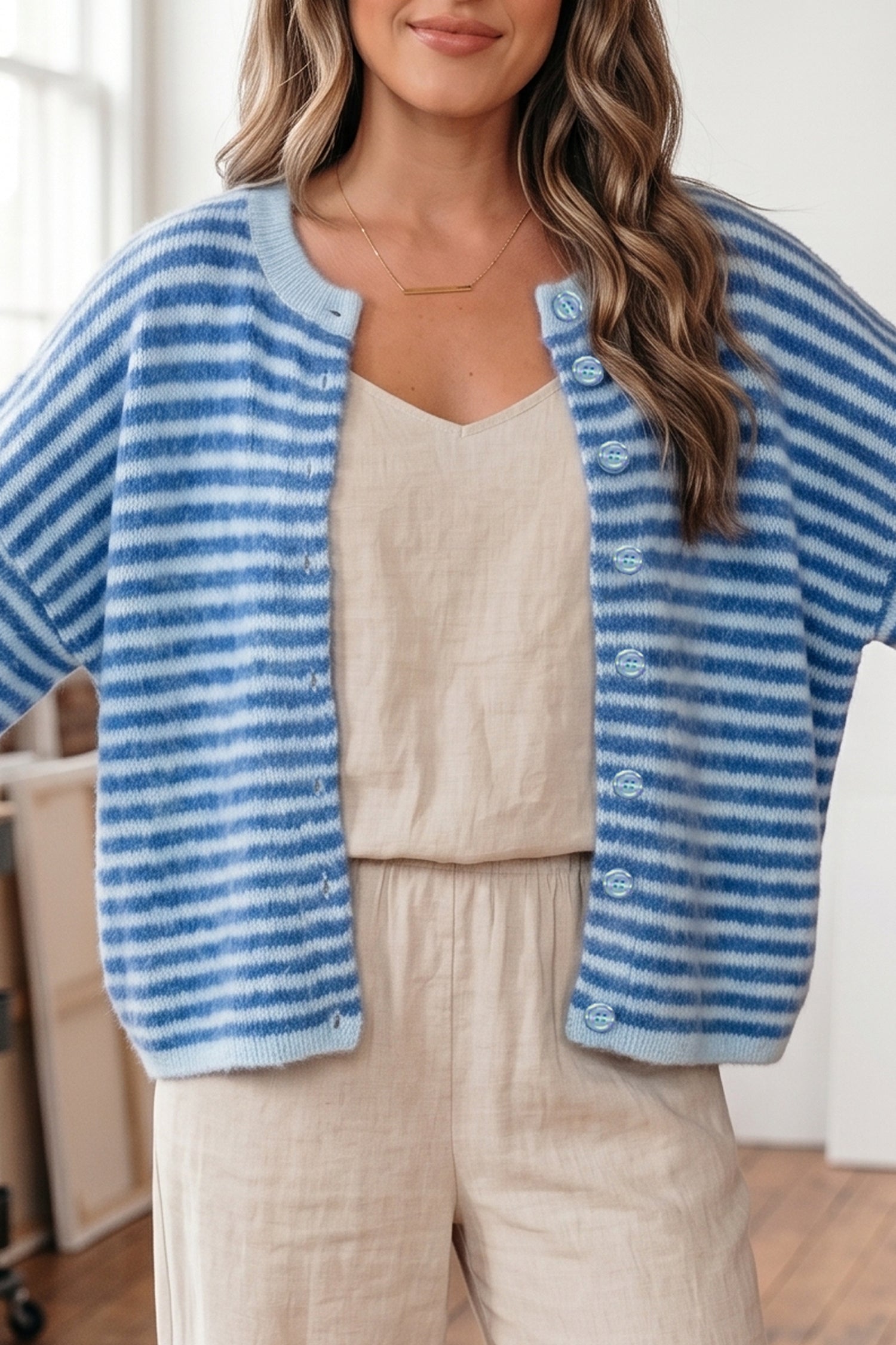 Blue Stripe Loose Half Sleeve Knit Button Down Sweater Cardigan-Sweaters & Cardigans/Cardigans-[Adult]-[Female]-2022 Online Blue Zone Planet