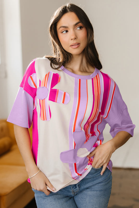 Pink Striped Color Block Flower Patched Half Sleeve Loose Top-Tops/Tops & Tees-[Adult]-[Female]-Pink-S-2022 Online Blue Zone Planet
