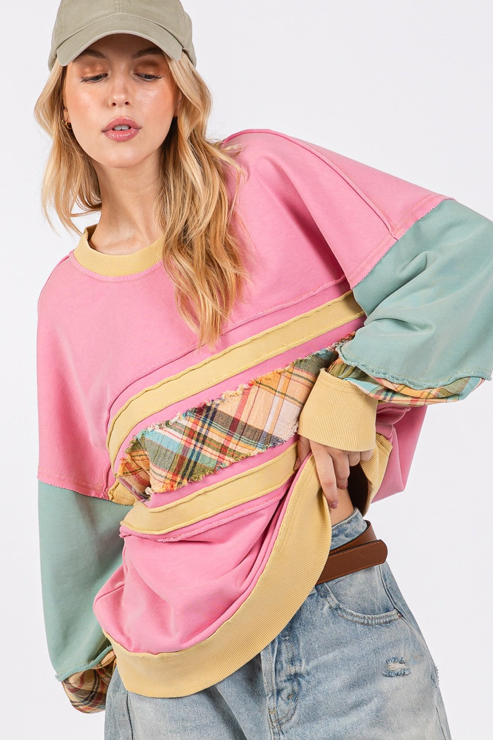 Blue Zone Planet | SAGE + FIG Mineral Wash Raw Edge Color Block Sweatshirt-TOPS / DRESSES-[Adult]-[Female]-Barbie Pink-S-2022 Online Blue Zone Planet