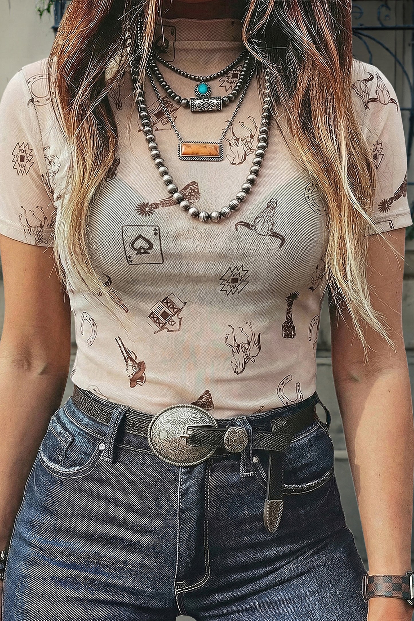 Oatmeal Western Printed Mesh Short Sleeve Top-Tops/Tops & Tees-[Adult]-[Female]-Oatmeal-S-2022 Online Blue Zone Planet
