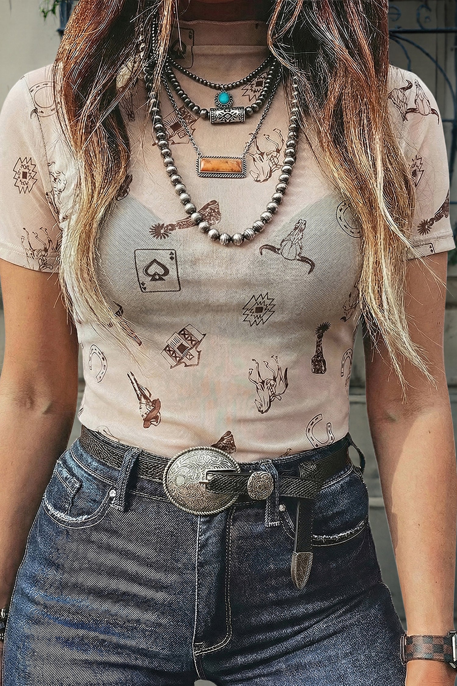 Oatmeal Western Printed Mesh Short Sleeve Top-Tops/Tops & Tees-[Adult]-[Female]-Oatmeal-S-2022 Online Blue Zone Planet